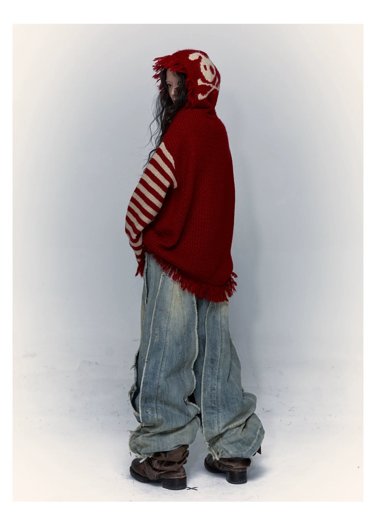 Skull Print Stripe Oversize Knit Hoodie