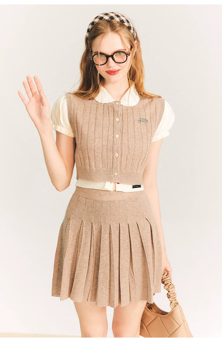 Button Knit Vest & Knit Pleated Skirt Setup