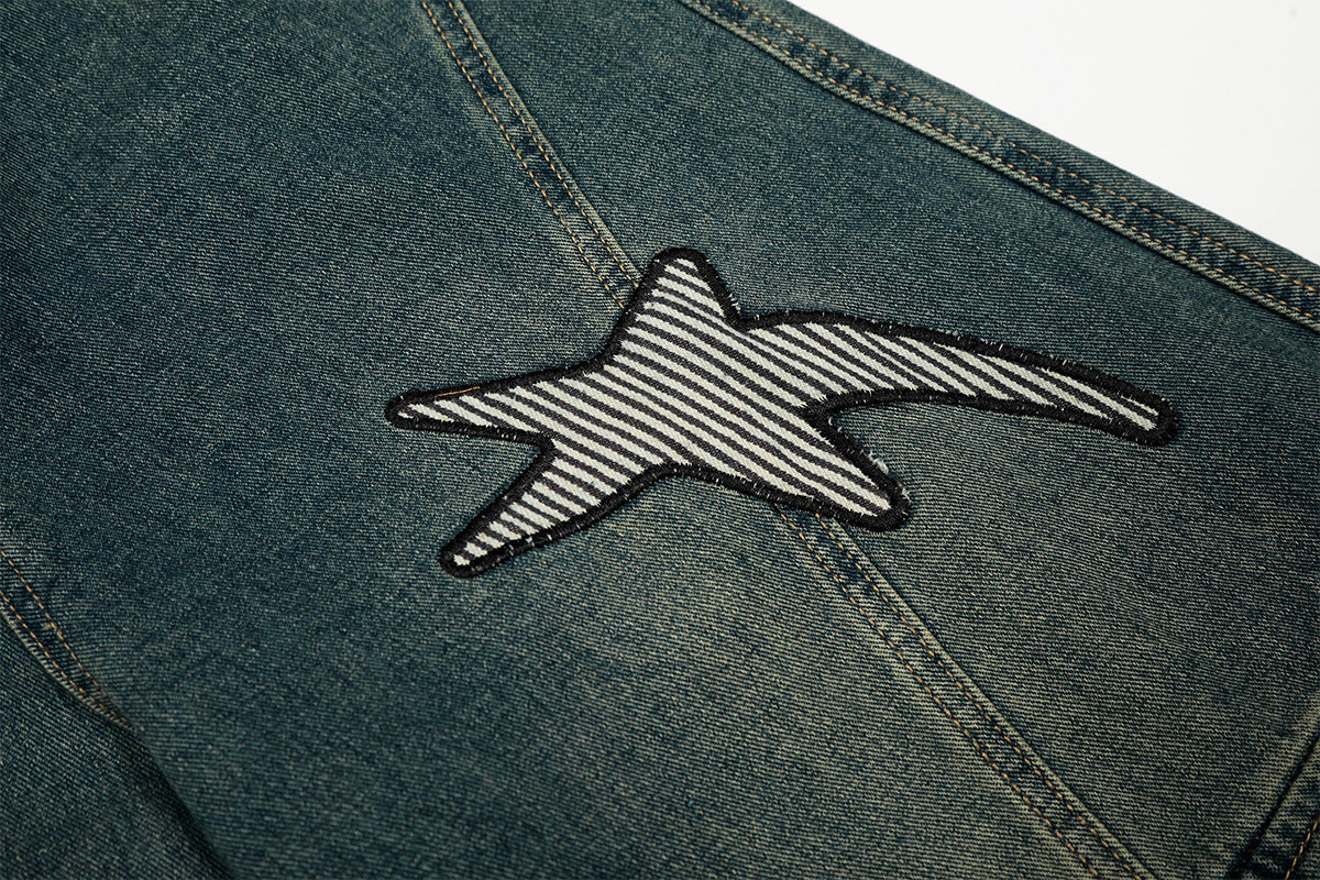 Washed Embroidery Wide Leg Denim Jeans