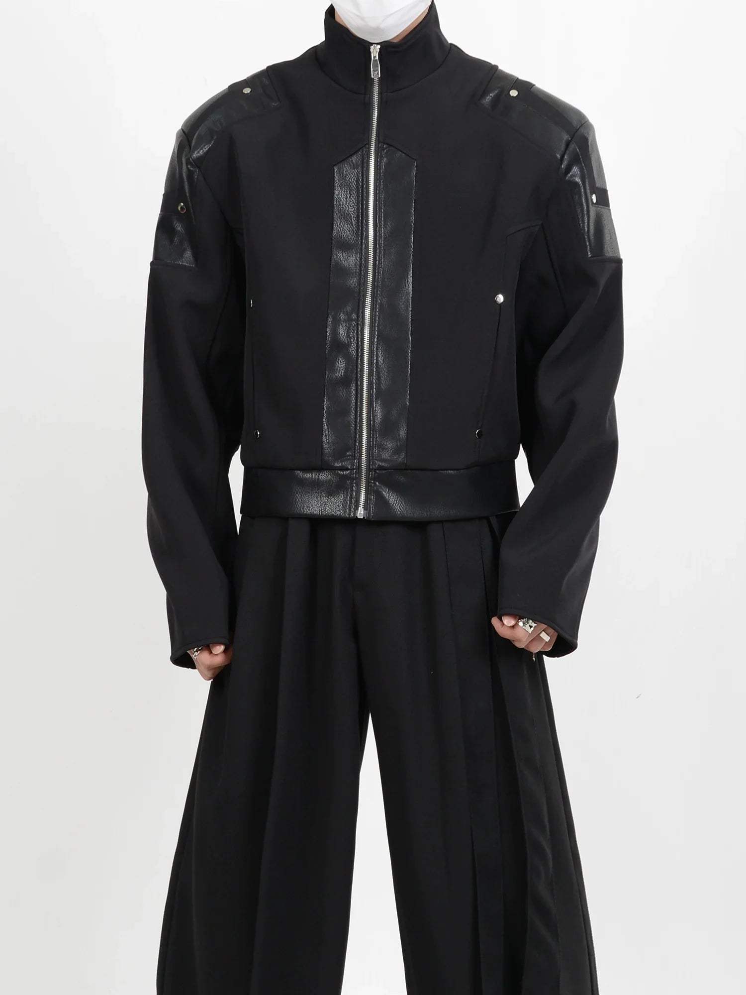 Stand Neck  PU Leather Mix Short Jacket