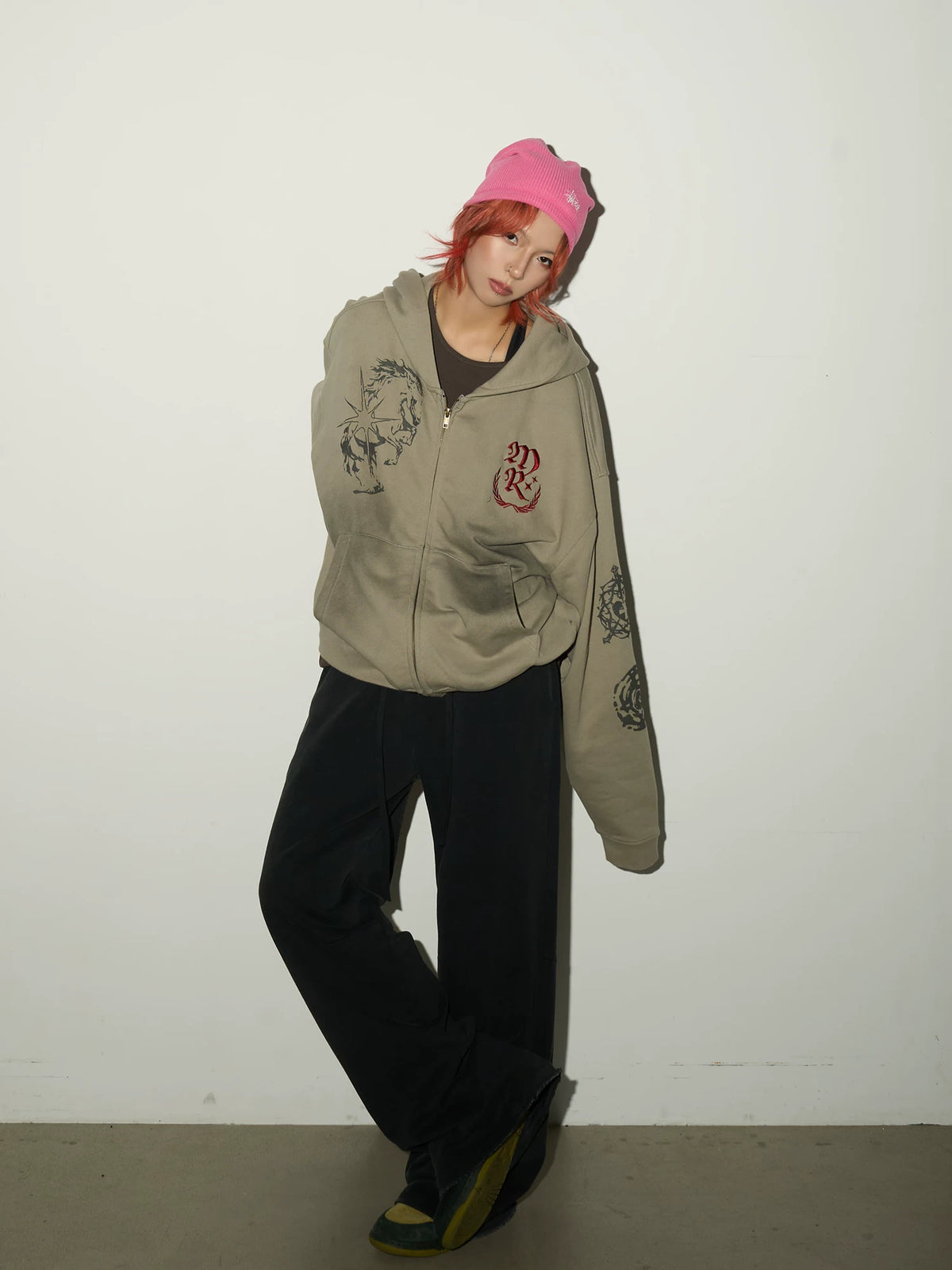 Embroidery Damage Zipper Hoodie