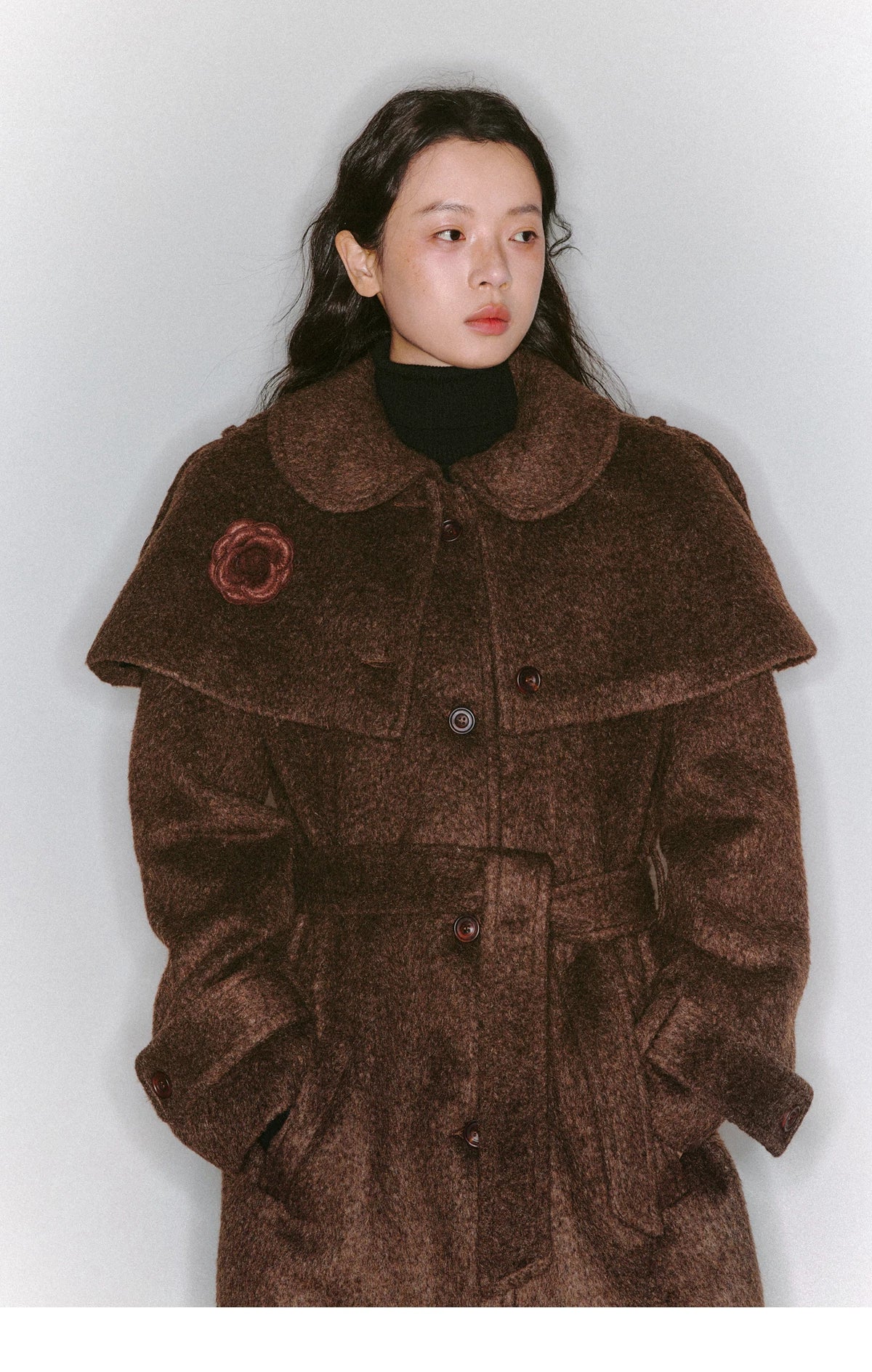 Cape Collar & Flower Detail Belted Coat