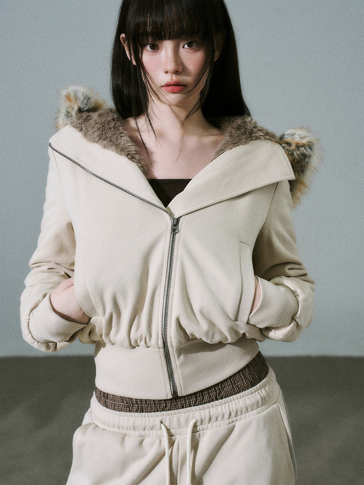 Fake Fur Hooded Zip-Up Jacket & Seatpants Setup