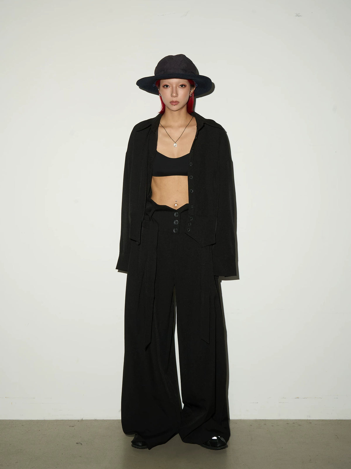 Button Front Long Sleeve Shirt & Pleats Wide Leg Trousers Setup