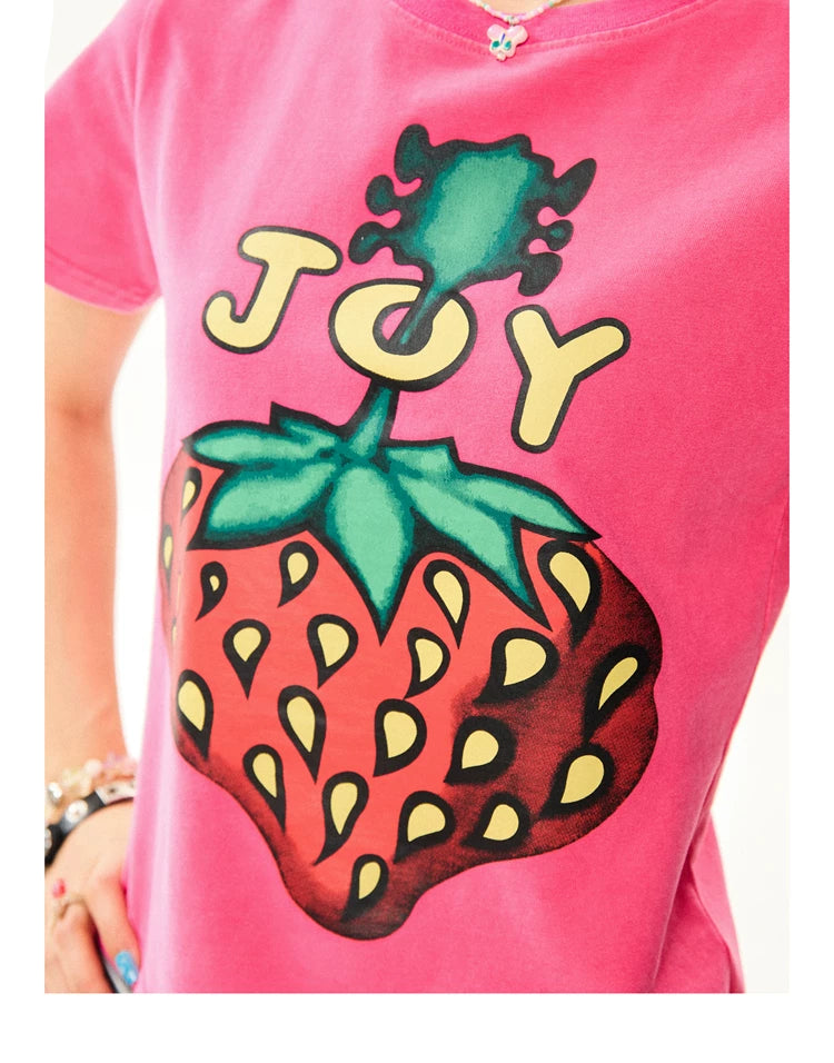 Strawberry Print Cropped Short Sleeve T-Shirt