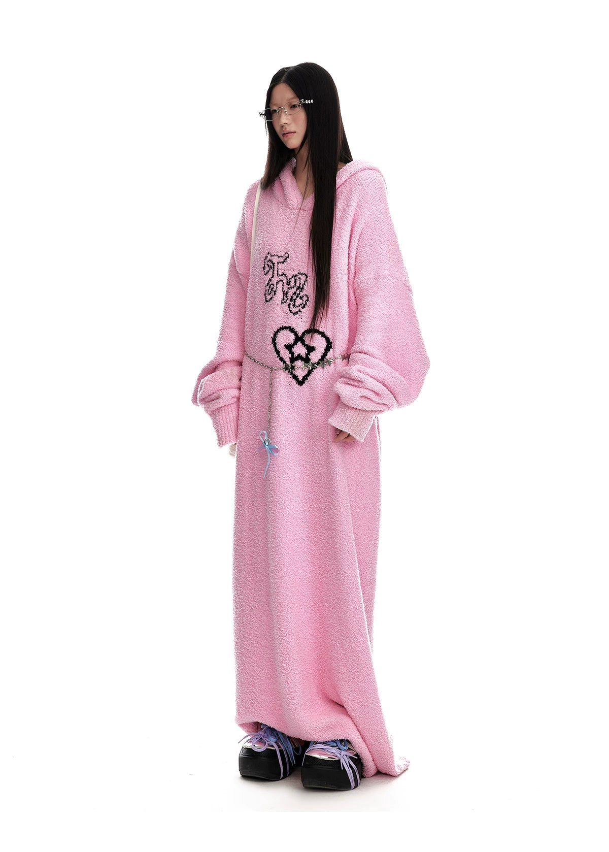Fuzzy Hooded Knit Sweater Dress