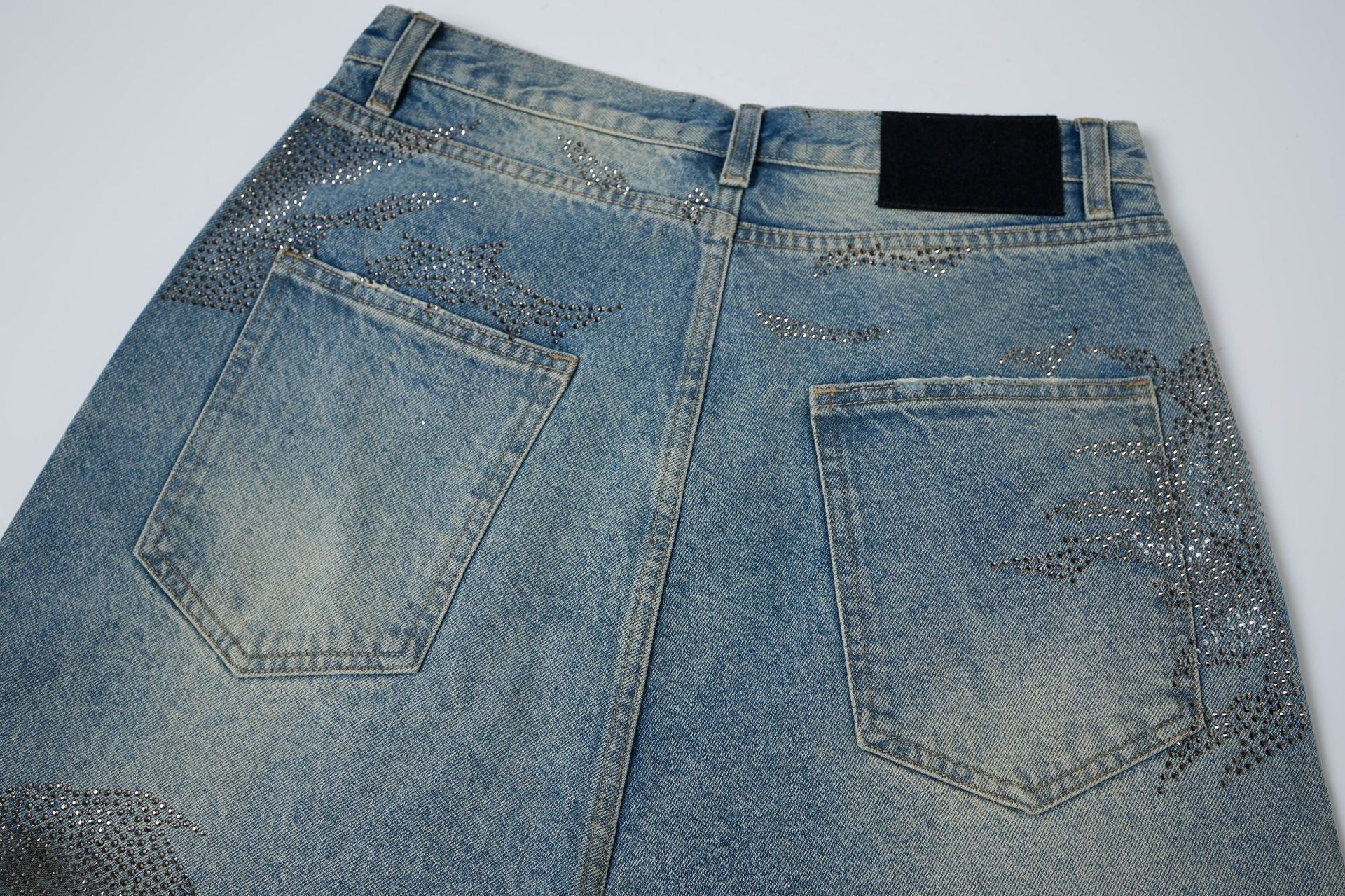 Rhinestone Camouflage Wash Denim Jort