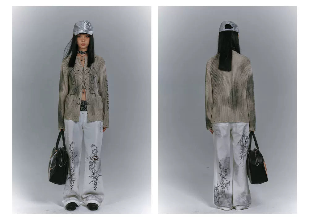 Washed Damage Graffiti Design Oversize Knit Cardigan