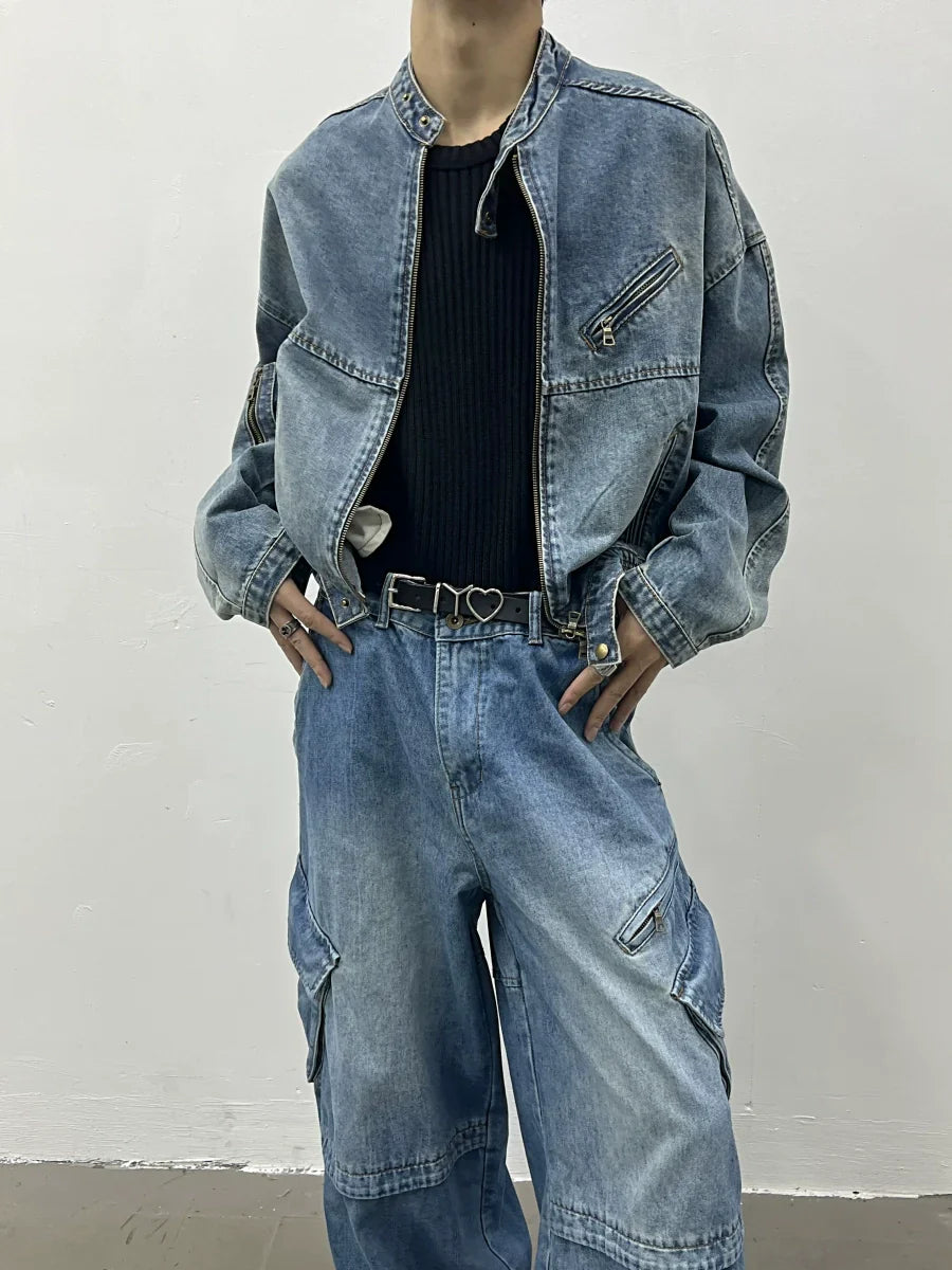 Standing-collar Short Denim Jacket & Wide-leg Cargo Denim Jeans Setup
