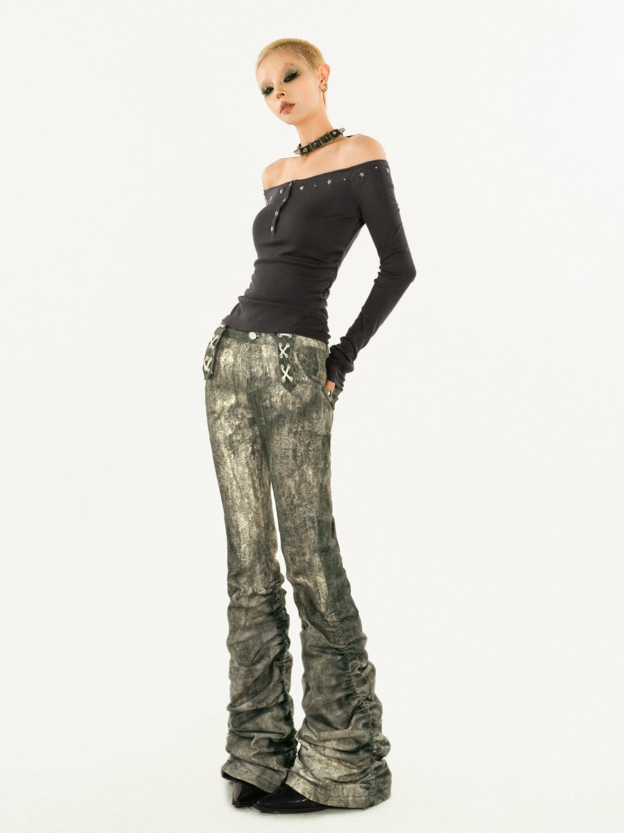 Damage Paint Splash Low Rise Flare Denim Jeans