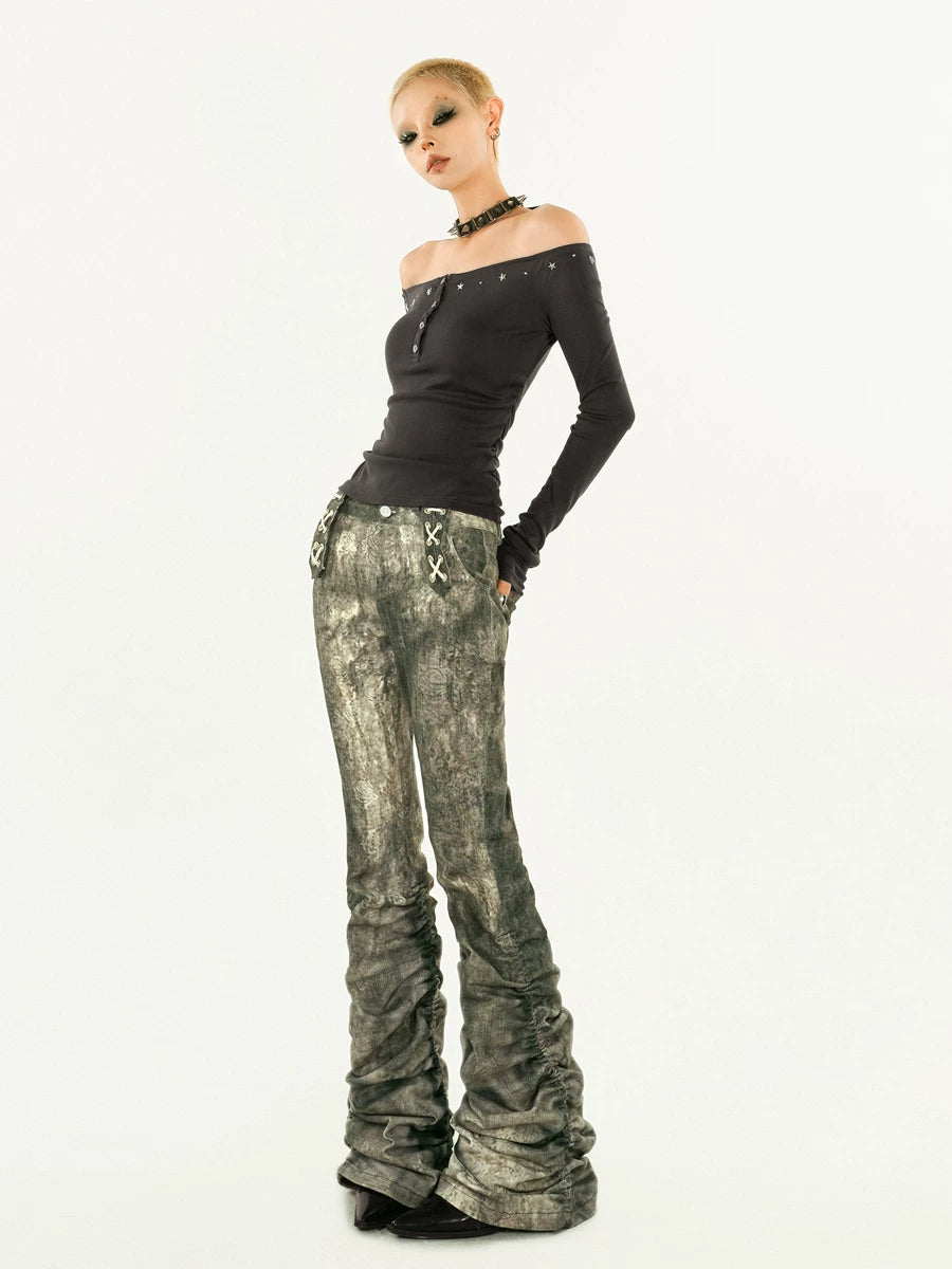 Damage Paint Splash Low Rise Flare Denim Jeans