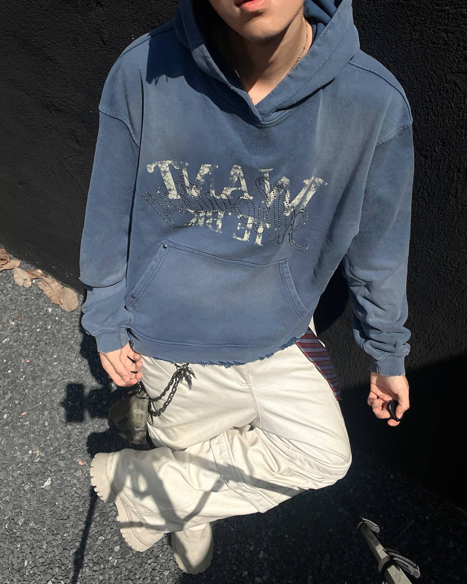 Washed Letter Rhinestone Design Damage Hoodie
