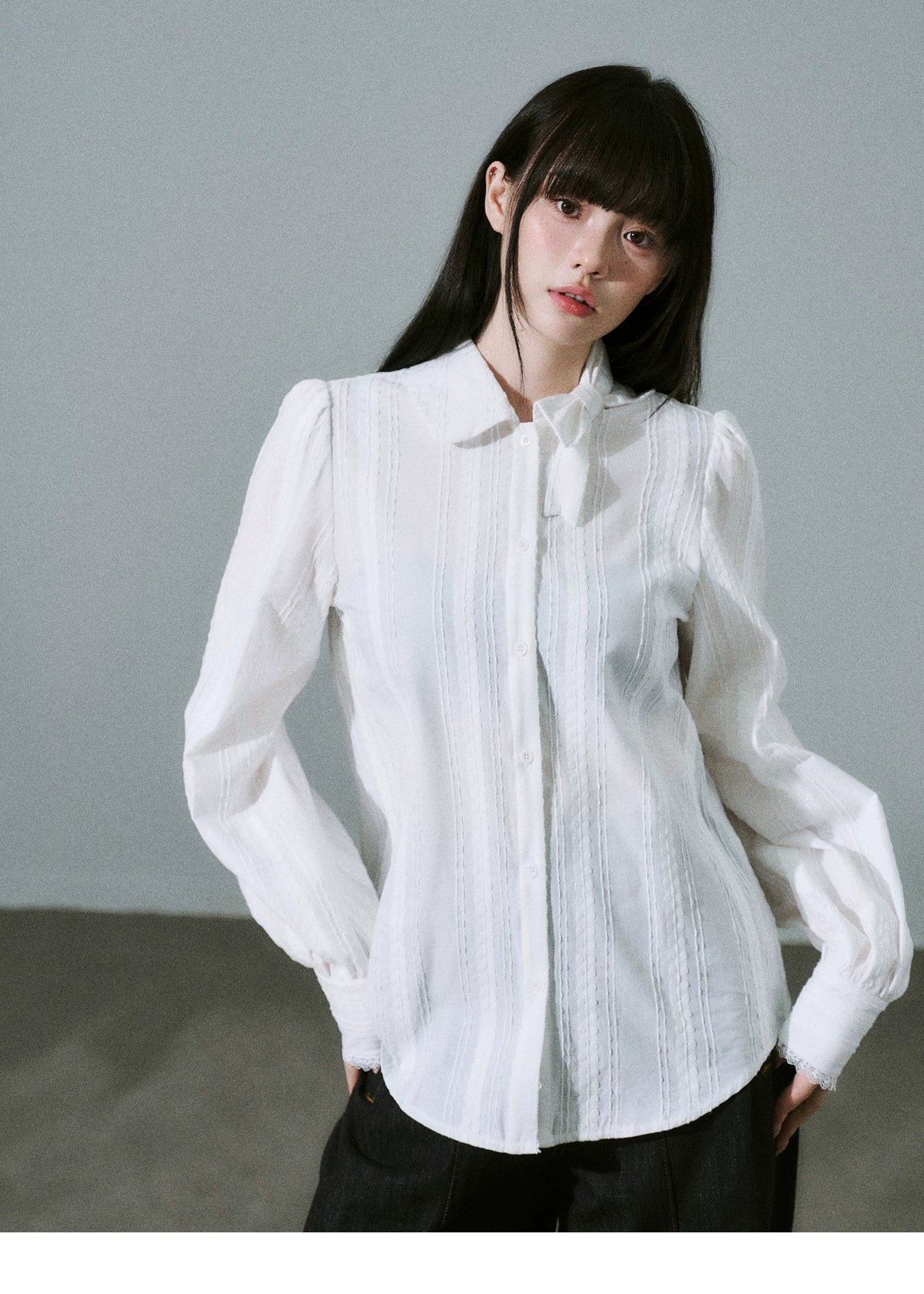 Bow Tie Collar Pleats Detail Blouse