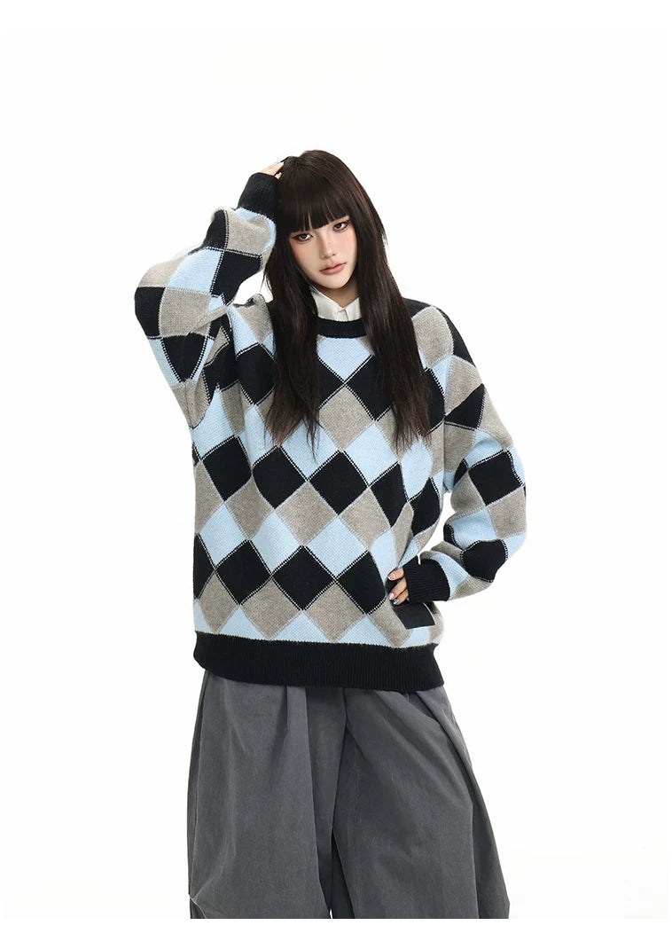 Heavyweight Diamond Pattern Oversize Hooded Knit Cardigan & Knit Sweater