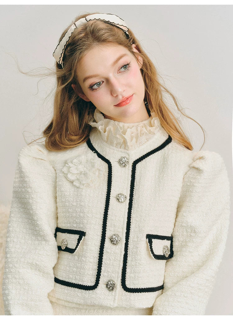 Bubble Sleeve Button Up Jacket & Lace Short Skirt Setup