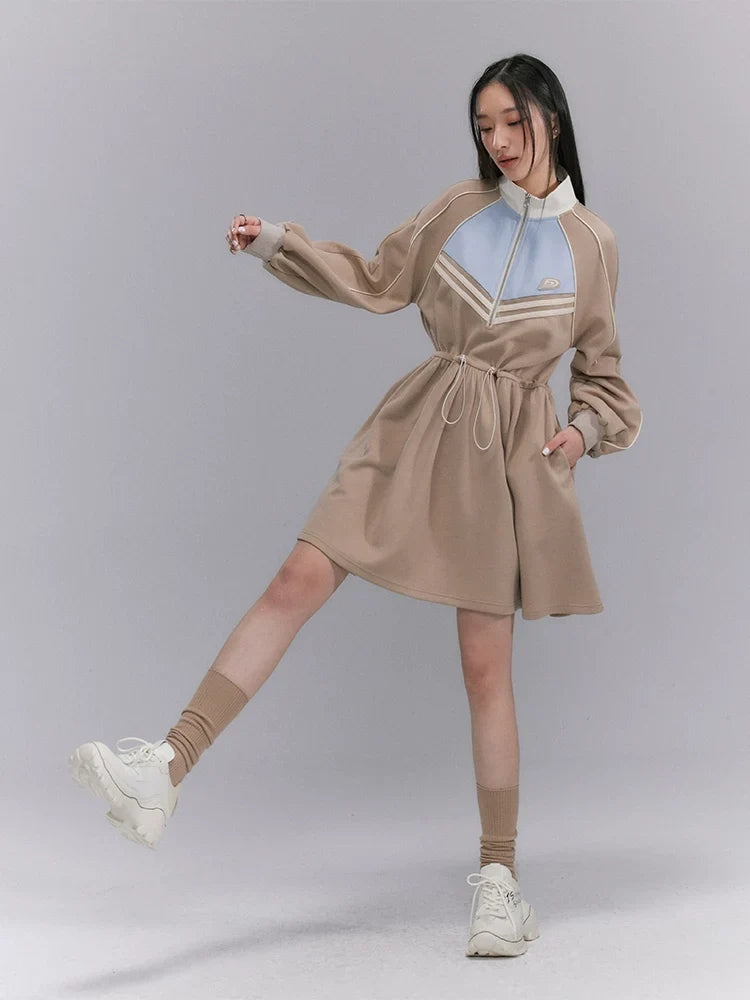 Embroidery Color Blocking Sporty Long Sleeve Jersey Dress