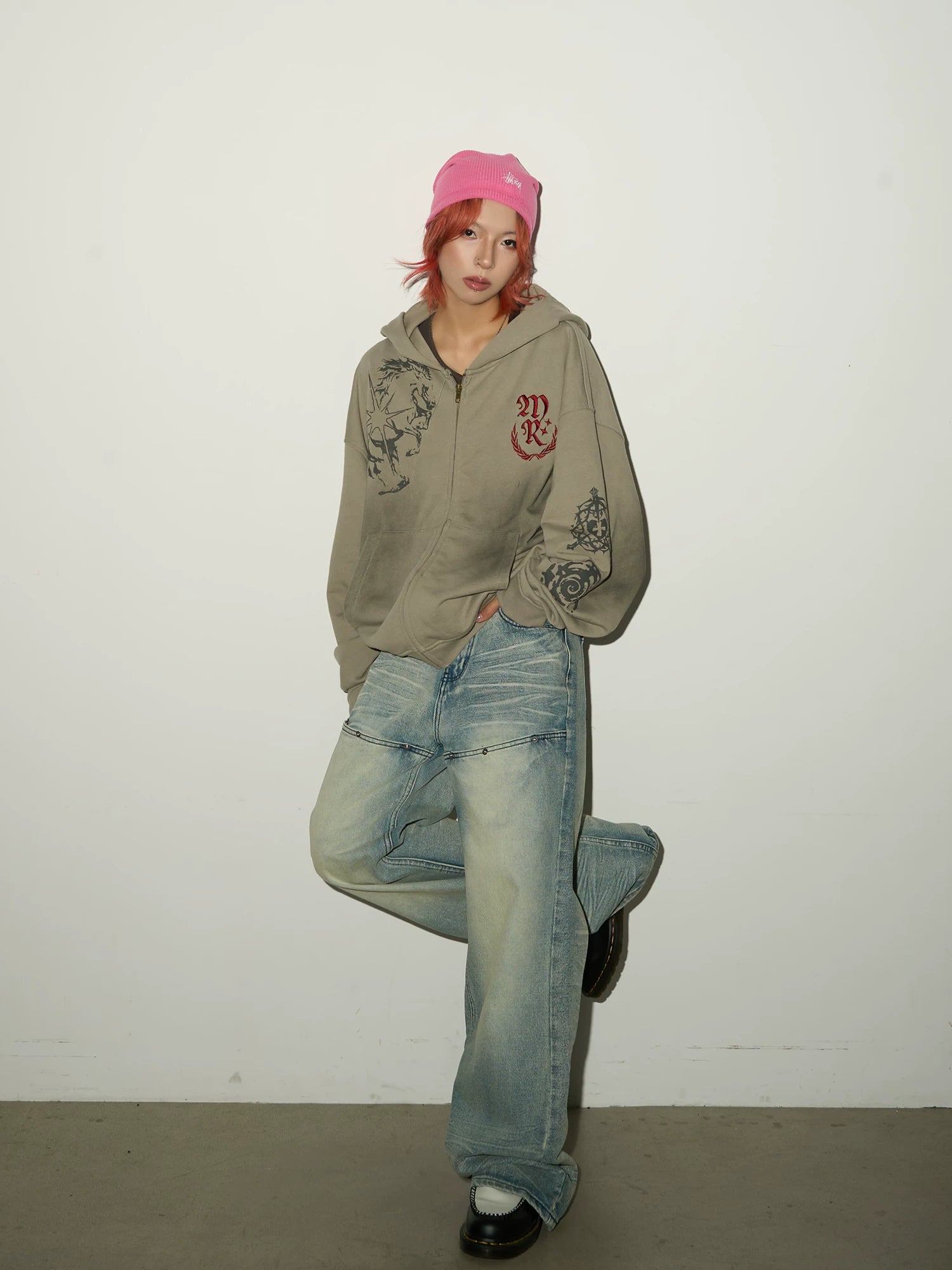 Embroidery Damage Zipper Hoodie