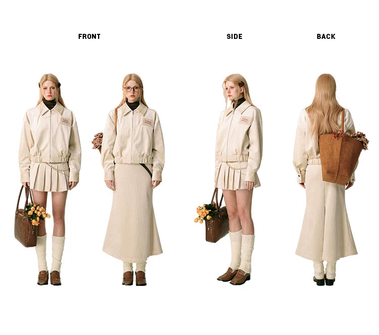 Velvet Collar Jacket & Long Skirt & Pleats Short Skirt Setup