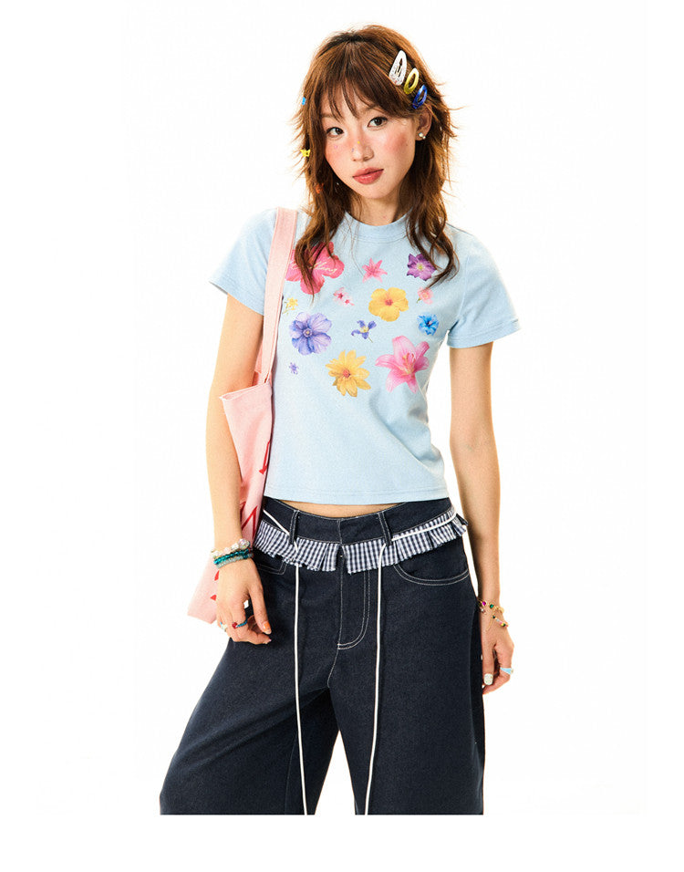 Flower Print Cropped Short Sleeve T-Shirt