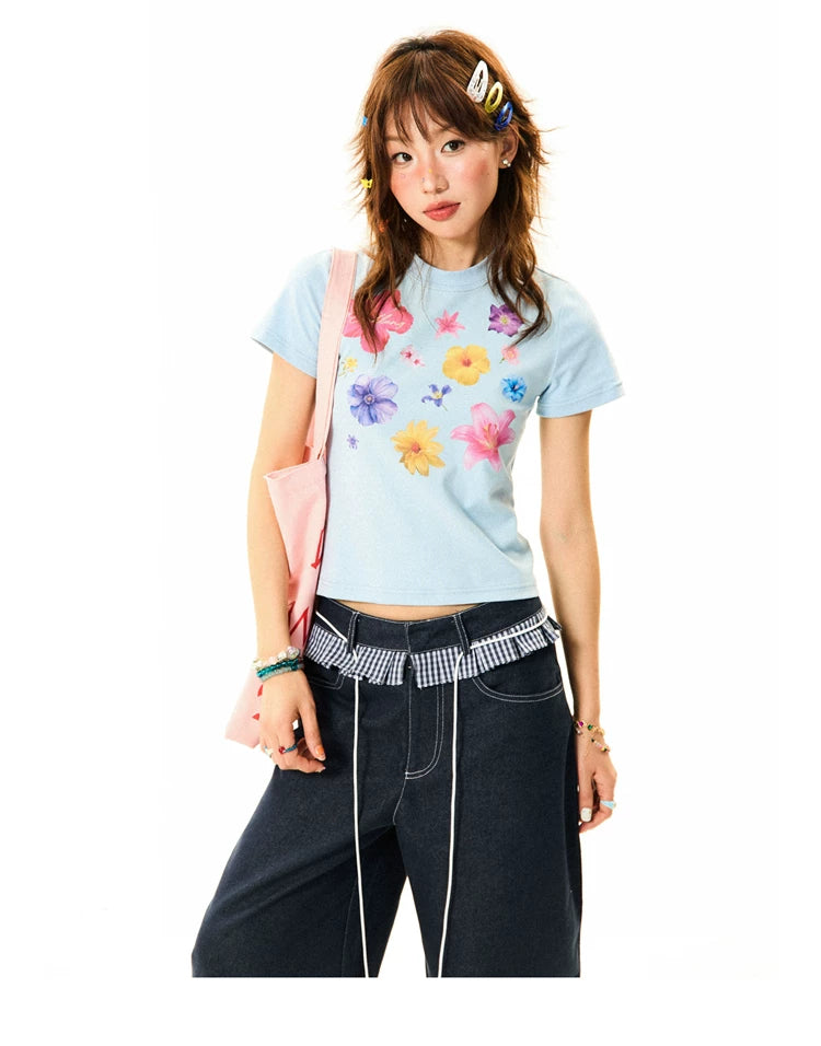Flower Print Cropped Short Sleeve T-Shirt