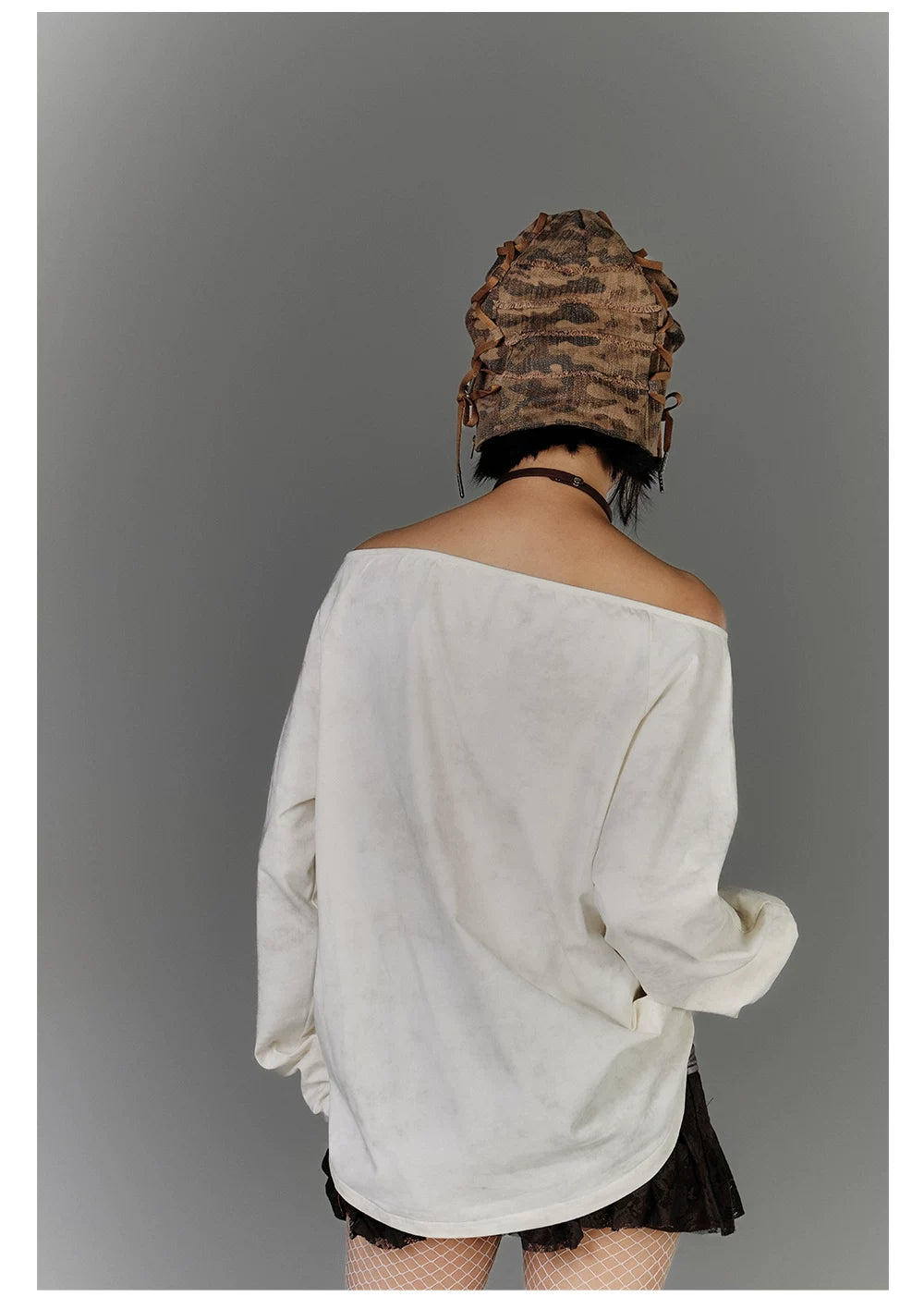 Off-Shoulder Graphic Print Button Long Sleeve T-Shirt