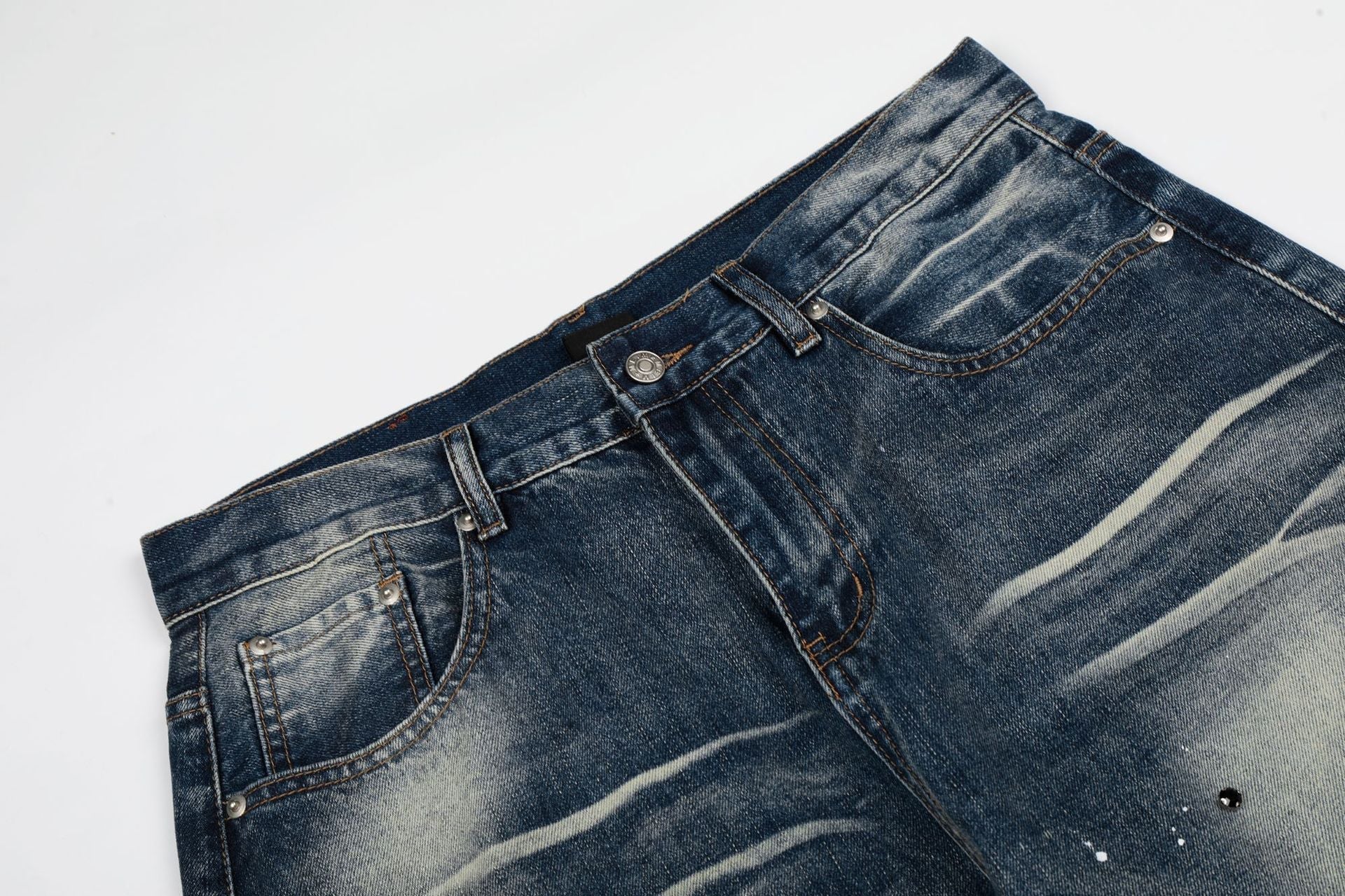 Washed Paint Rhinestone Wide Leg Curved Denim Jeans