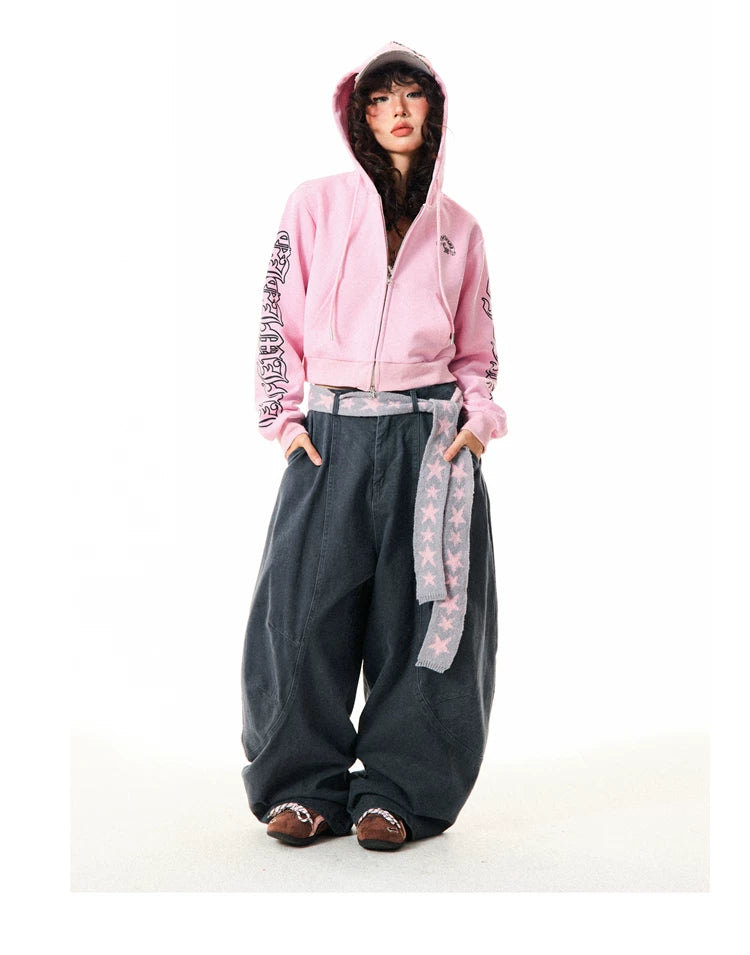 Gothic Logo Print Cropped Zipper Hoodie