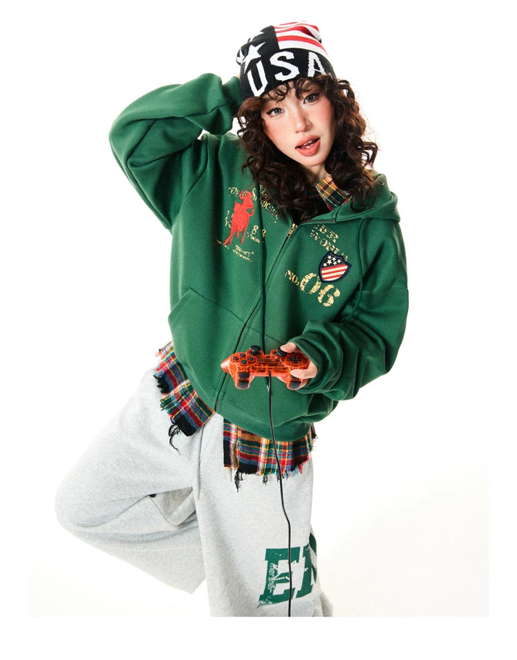 Letter Embroidery Washed Zipper Hoodie