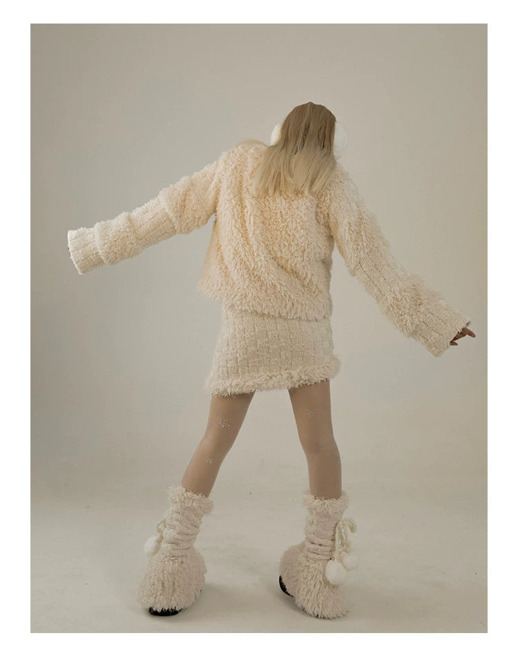Fleece Lining Soft Fuzzy Knit Cardigan & Half Skirt Setup