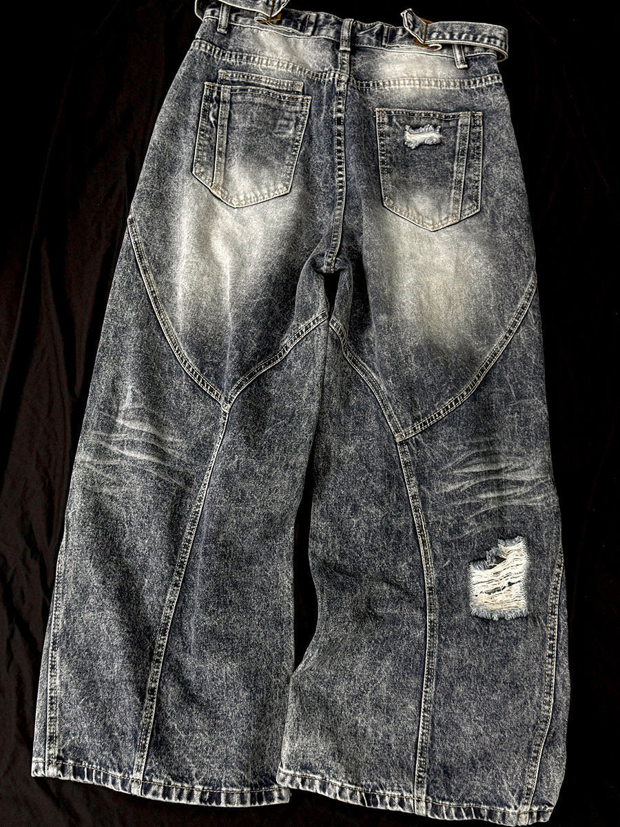 Washed Damage Splice Wide Leg Denim Jeans