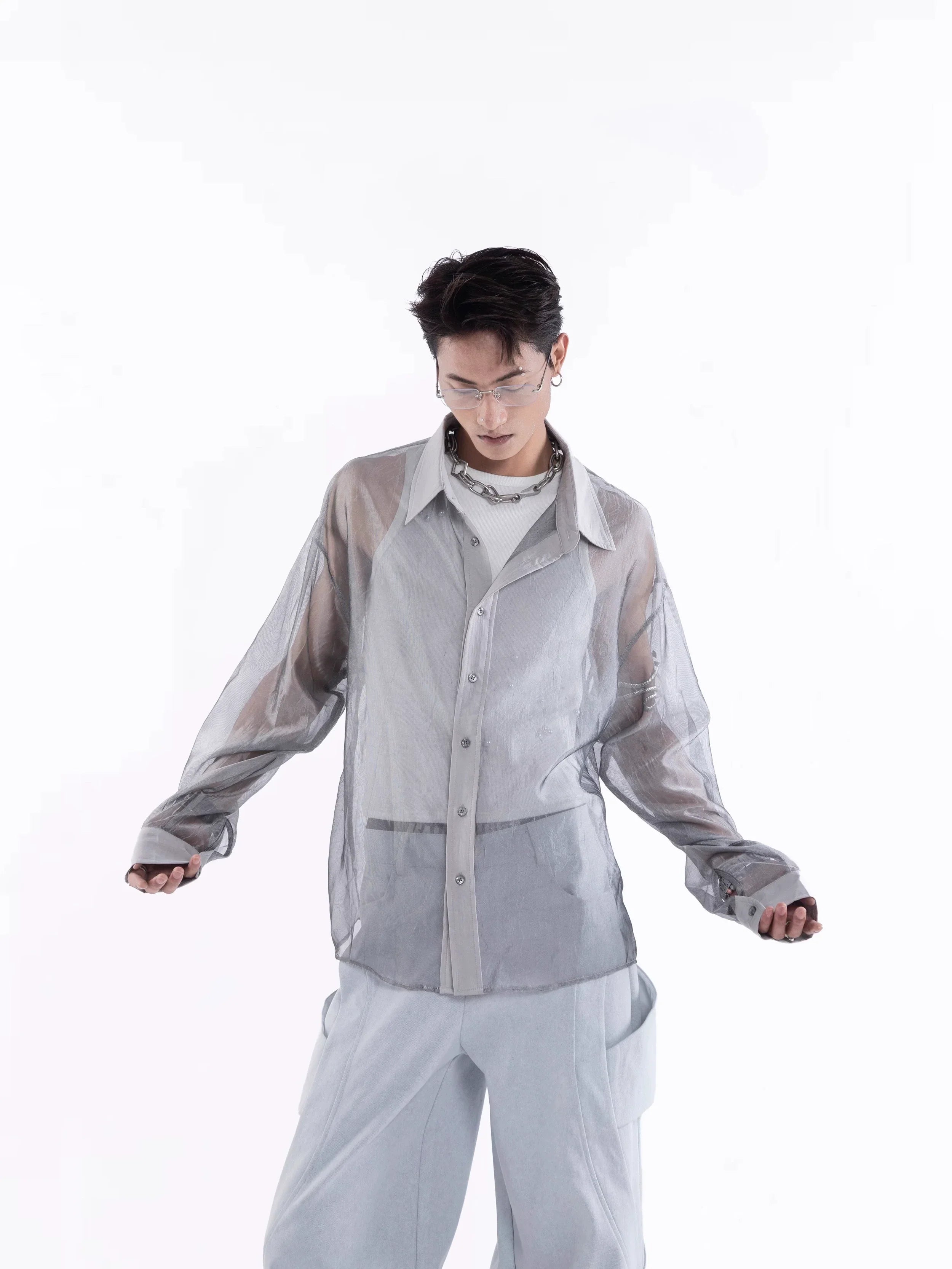 Sheer Draped Oversize Long Sleeve Shirt