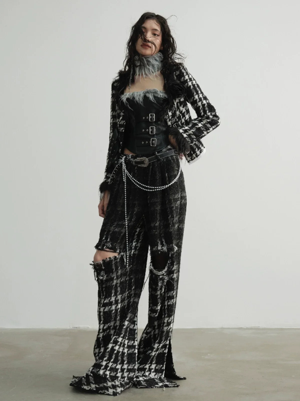 Hairy Low Collar Houndstooth Jacket