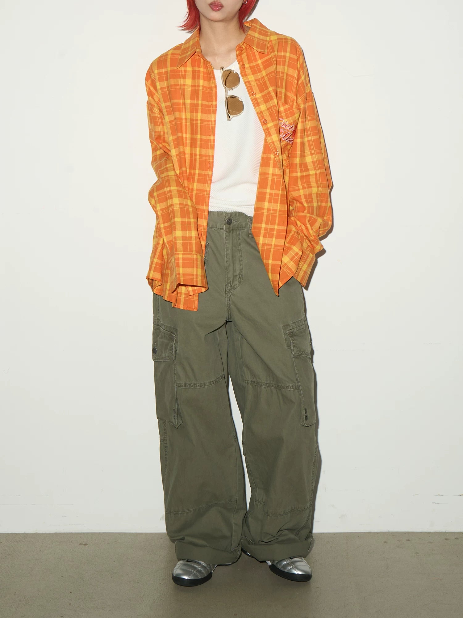 Plaid Embroidery Print Oversize Long Sleeve Shirt