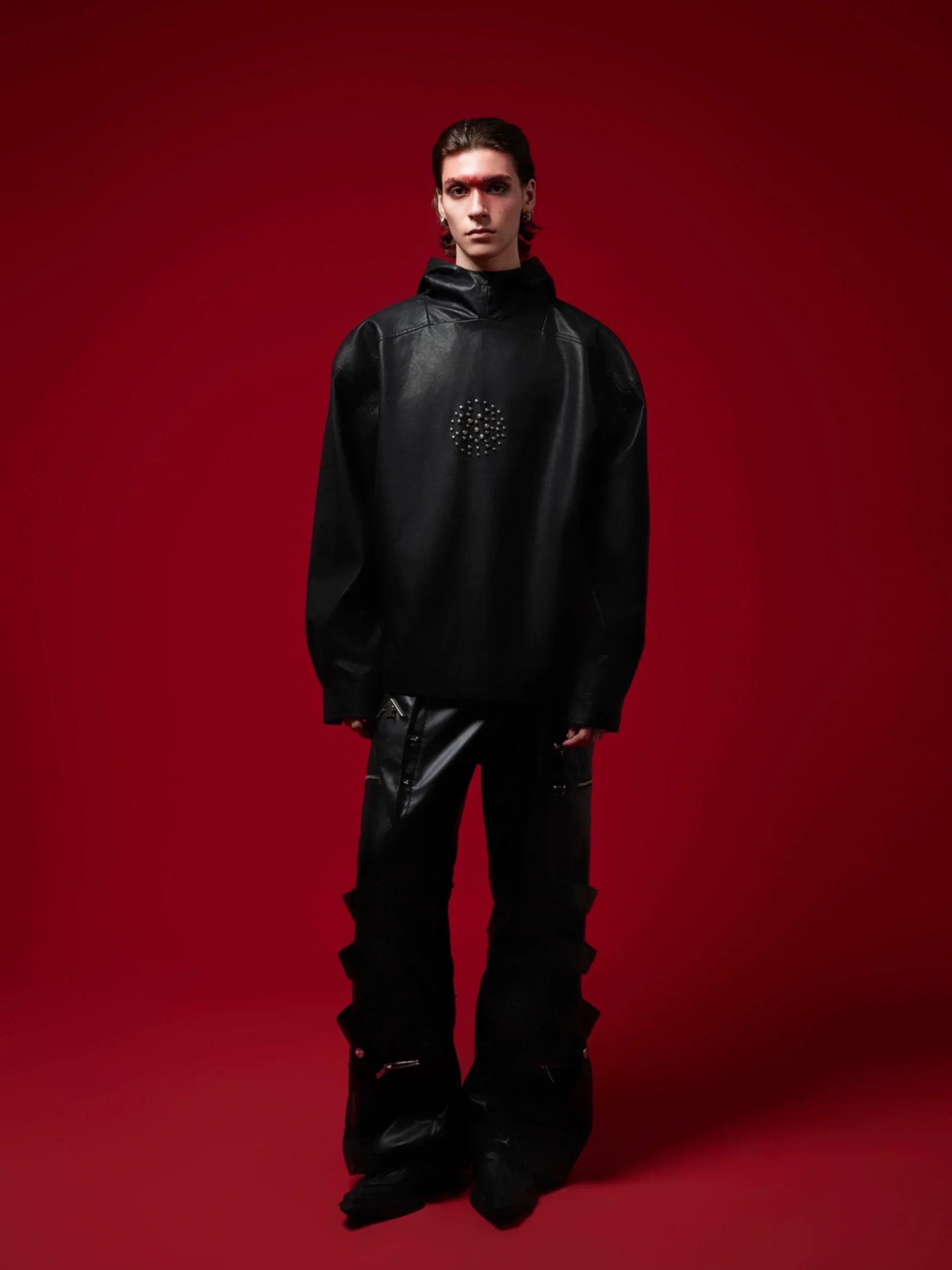 Metal Rivet Design Oversize PU Leather Hoodie