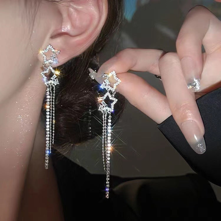 New Net Red Tassel Earrings Hollow Star Earrings Niche Design Double Five-Pointed Star Stud Earrings Premium Earrings