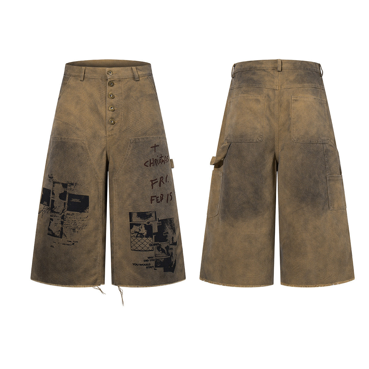 Washed Portrait Letter Print Denim Jort