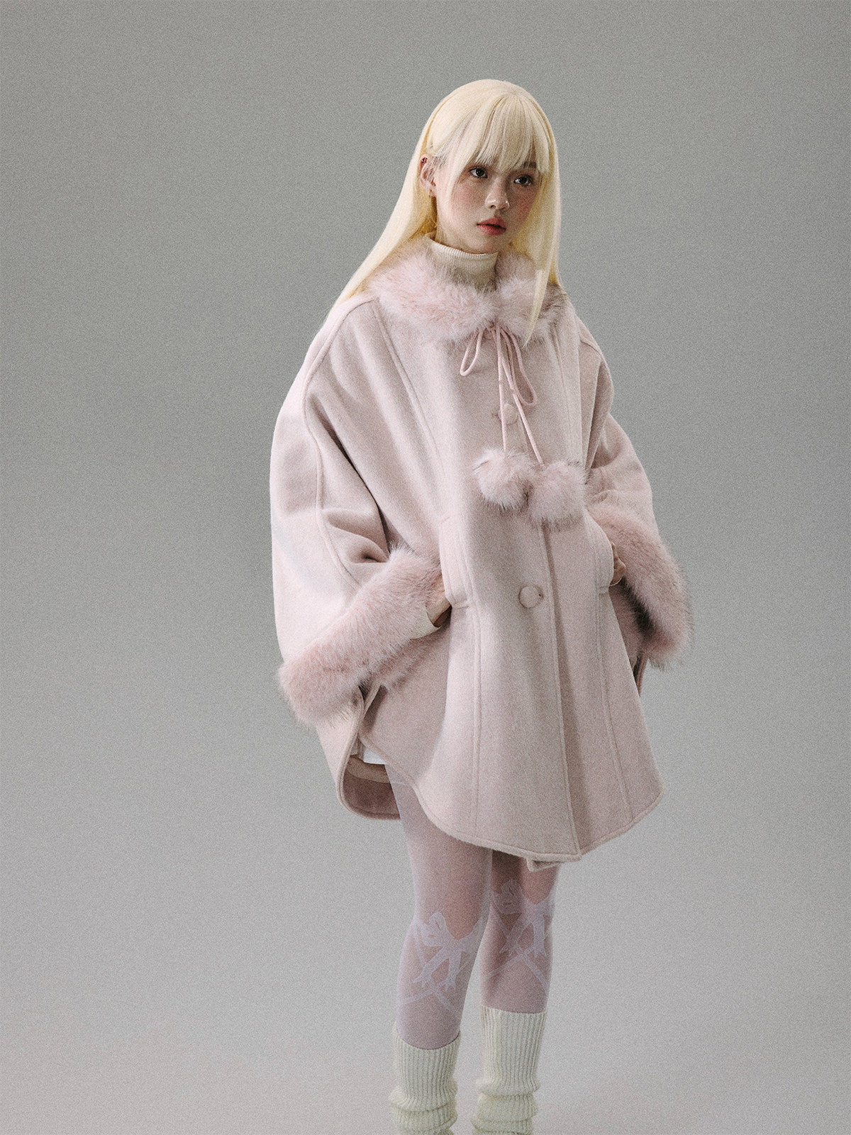 Sweet Girl Pink Long Hair Tweed Cape Coat