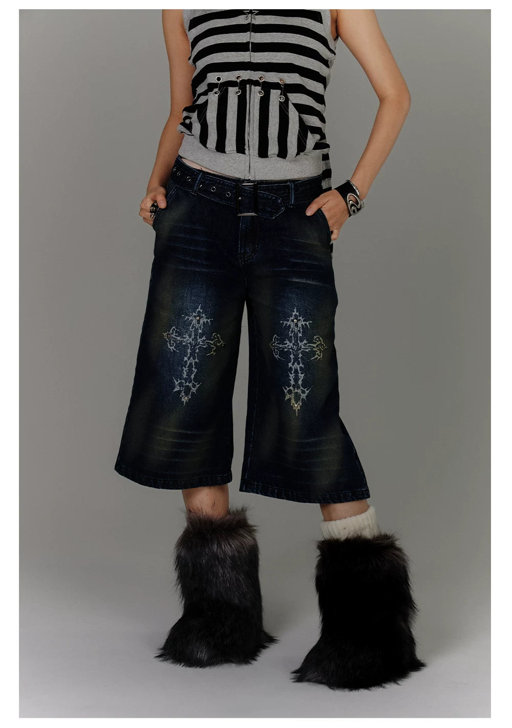 Washed Damage High-Waist Cropped Straight Denim Jeans