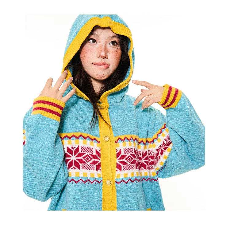 Contrast Pattern Hooded Knit Cardigan