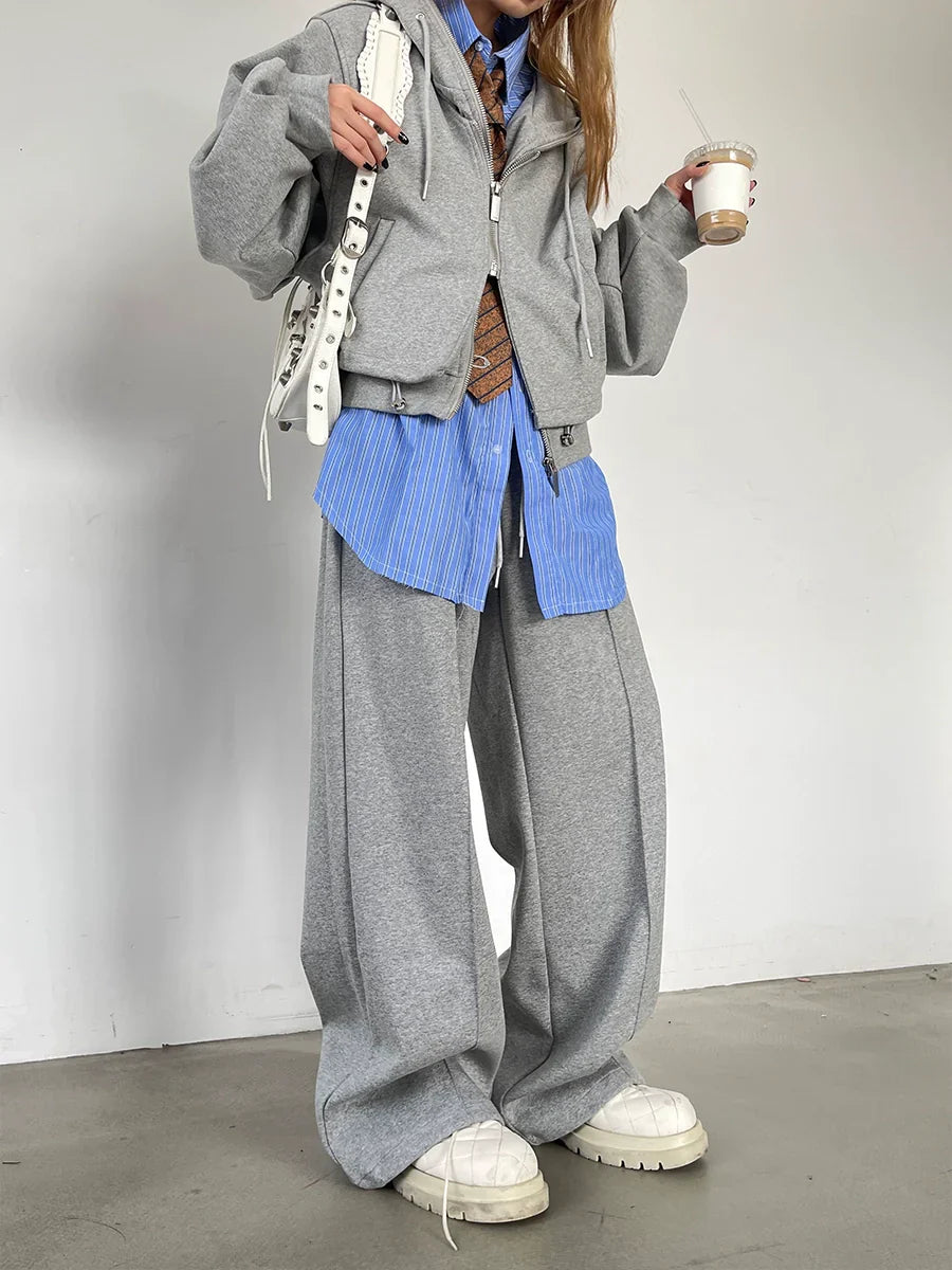 Oversize Dual Zipper Hoodie & Wide Leg Sweatpants Setup