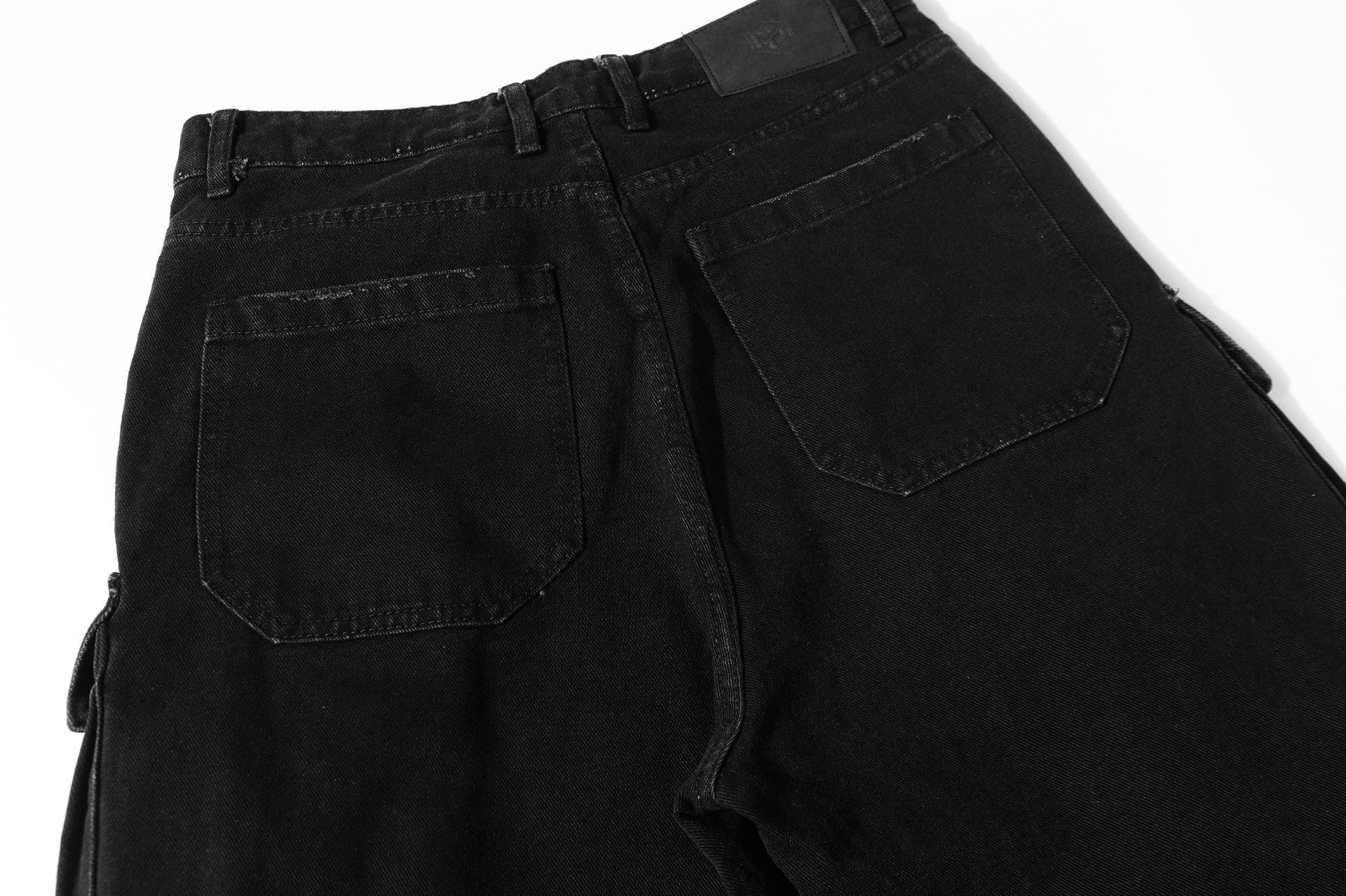 Washed Damage Multi-Pocket Straight Cargo Denim Jeans