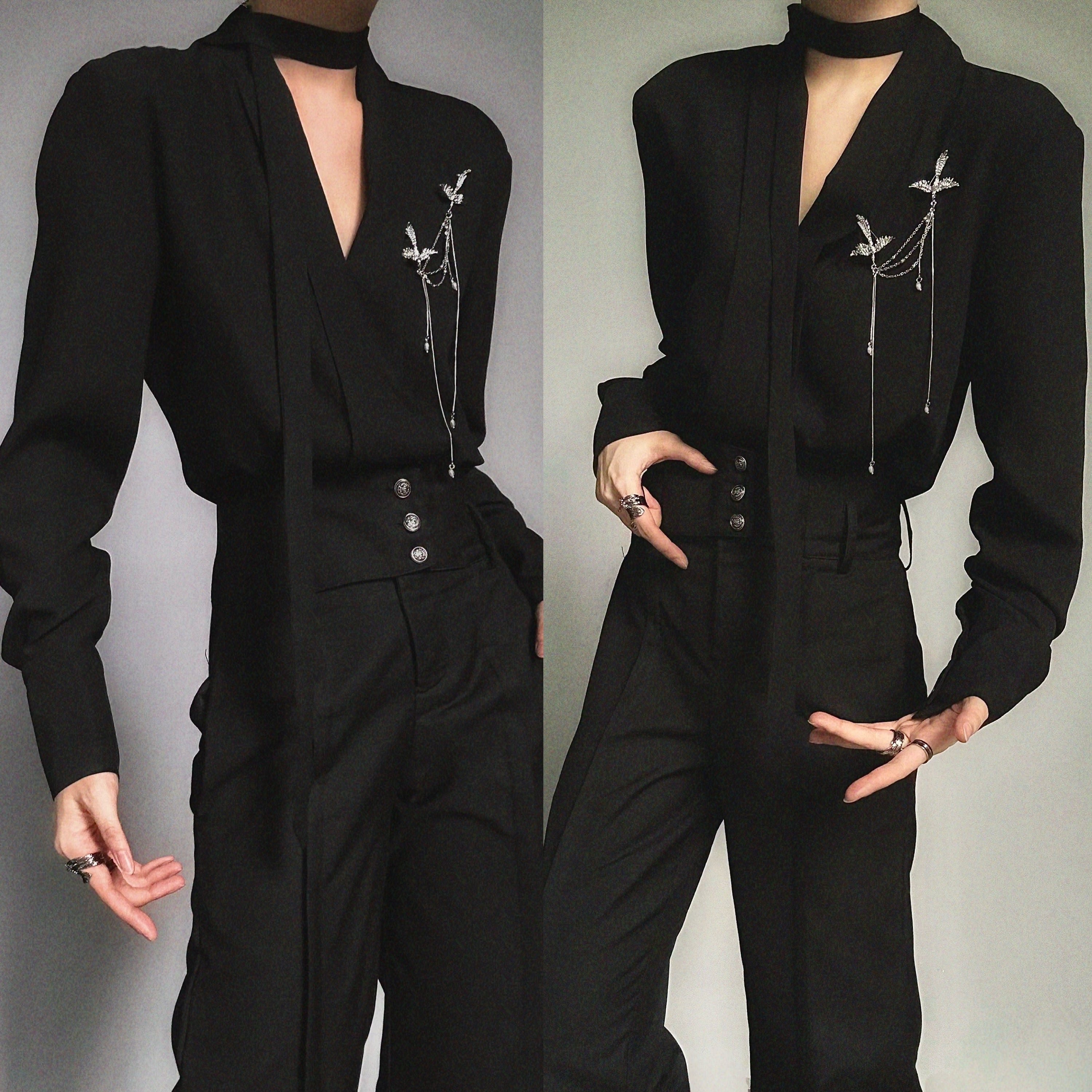 Camicia a maniche lunghe con scollo a V e drappeggio