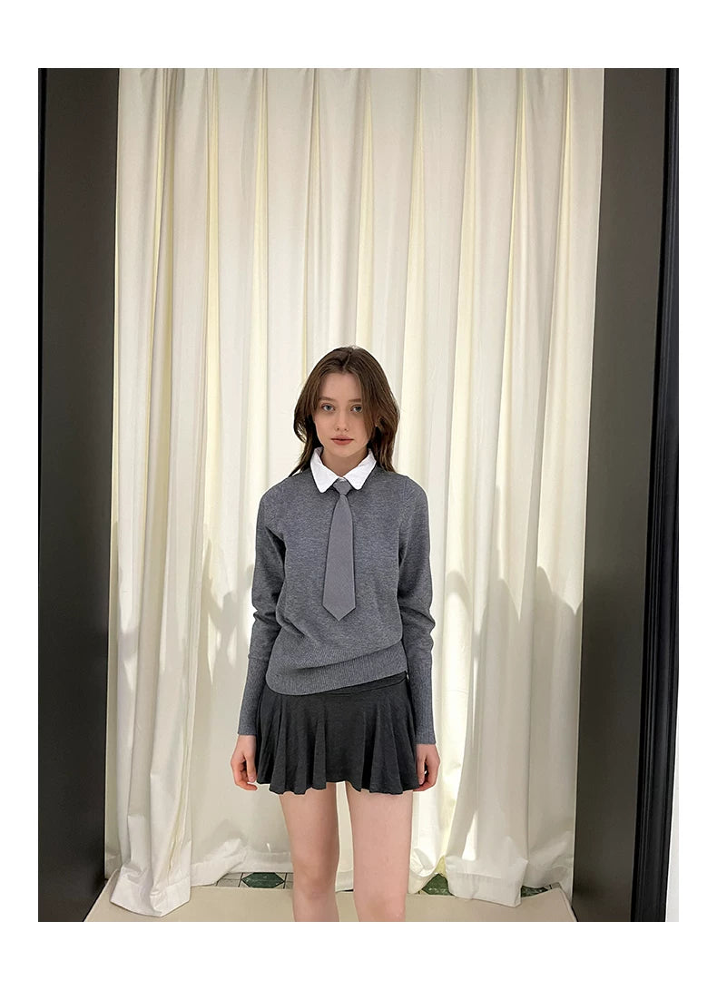 Collar Knit Sweater & Pleats Short Skirt Setup
