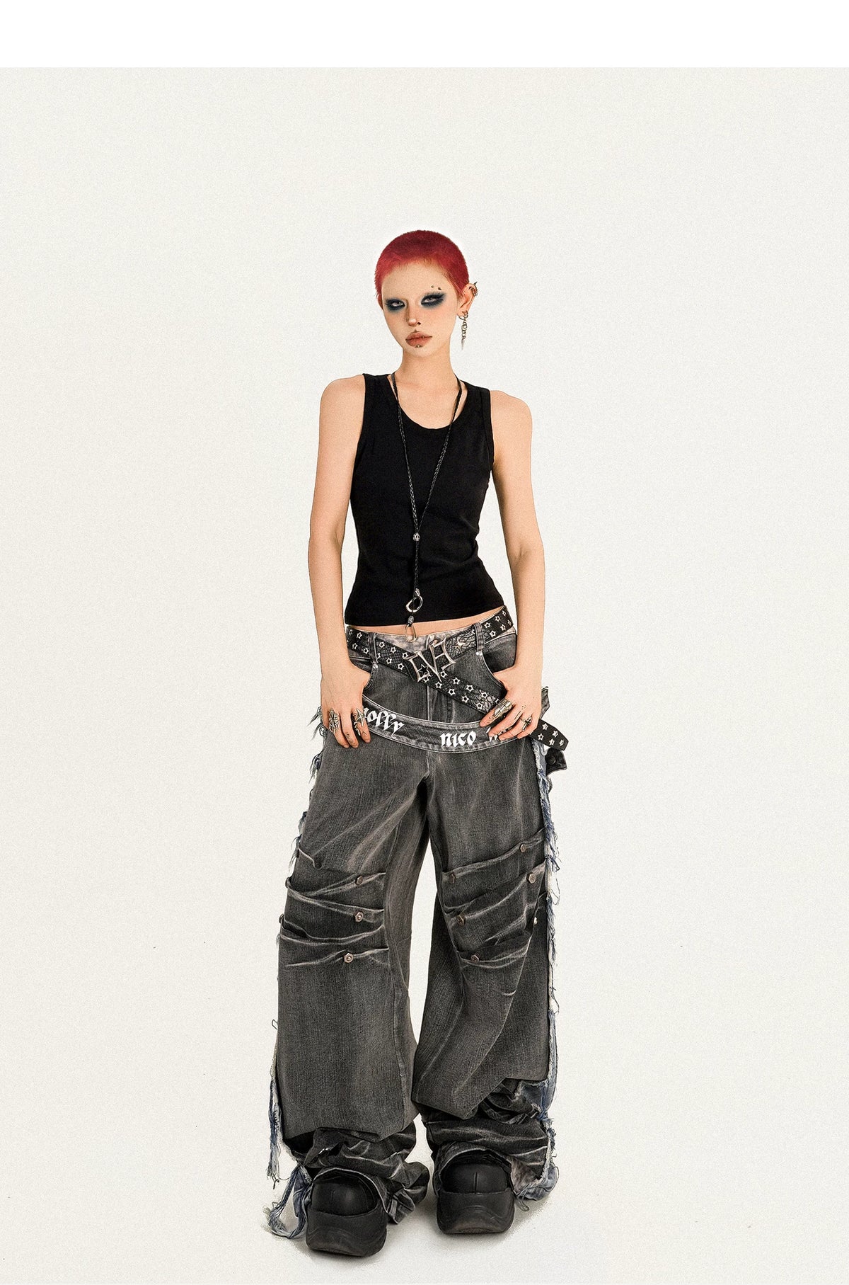 Damage Wash Raw Hem Wide Leg Denim Jeans