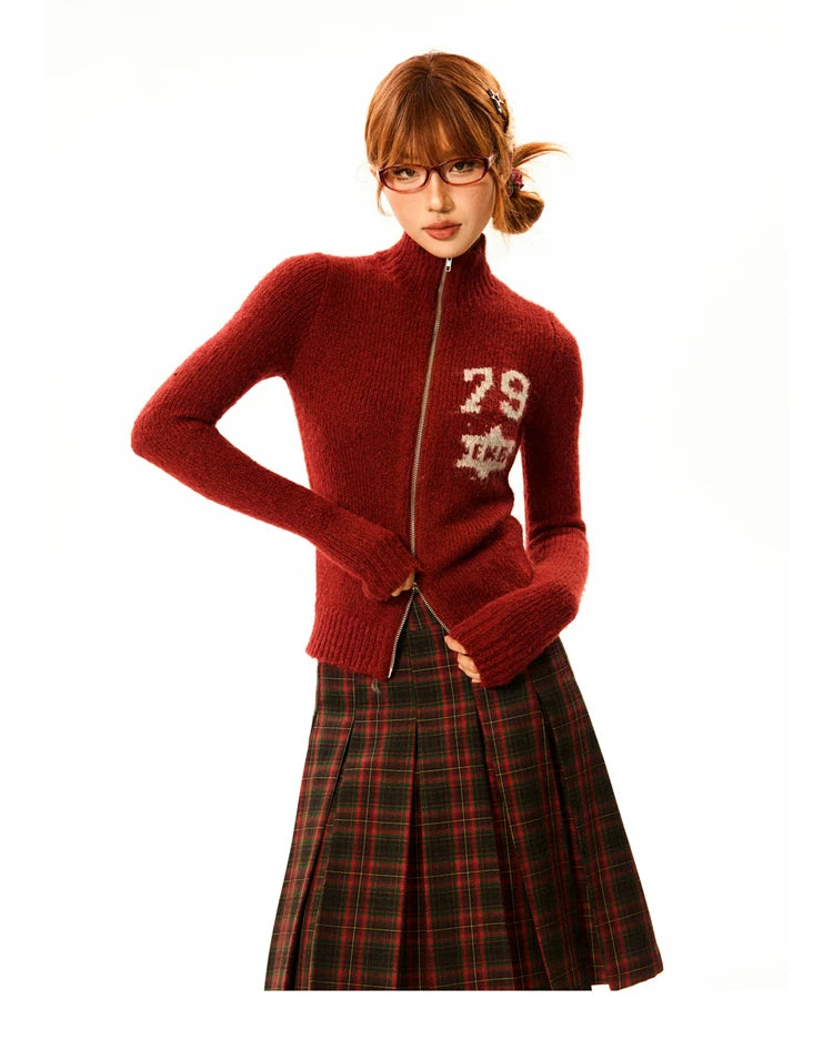 Number Patch Knit Zipper Stand Neck Cardigan
