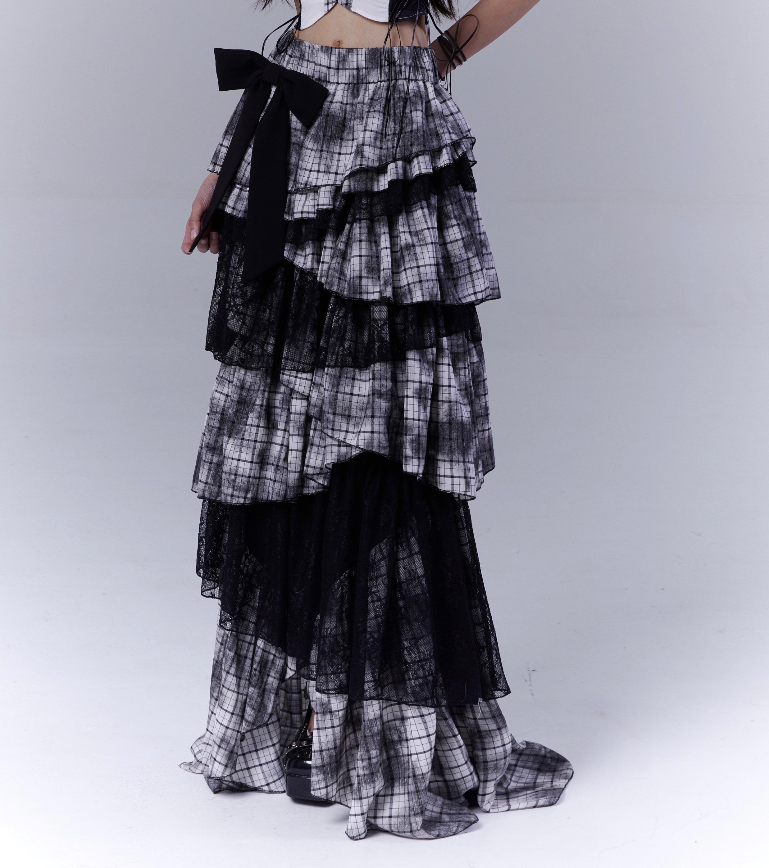 Lace Plaid Tiered Asymmetric Skirt