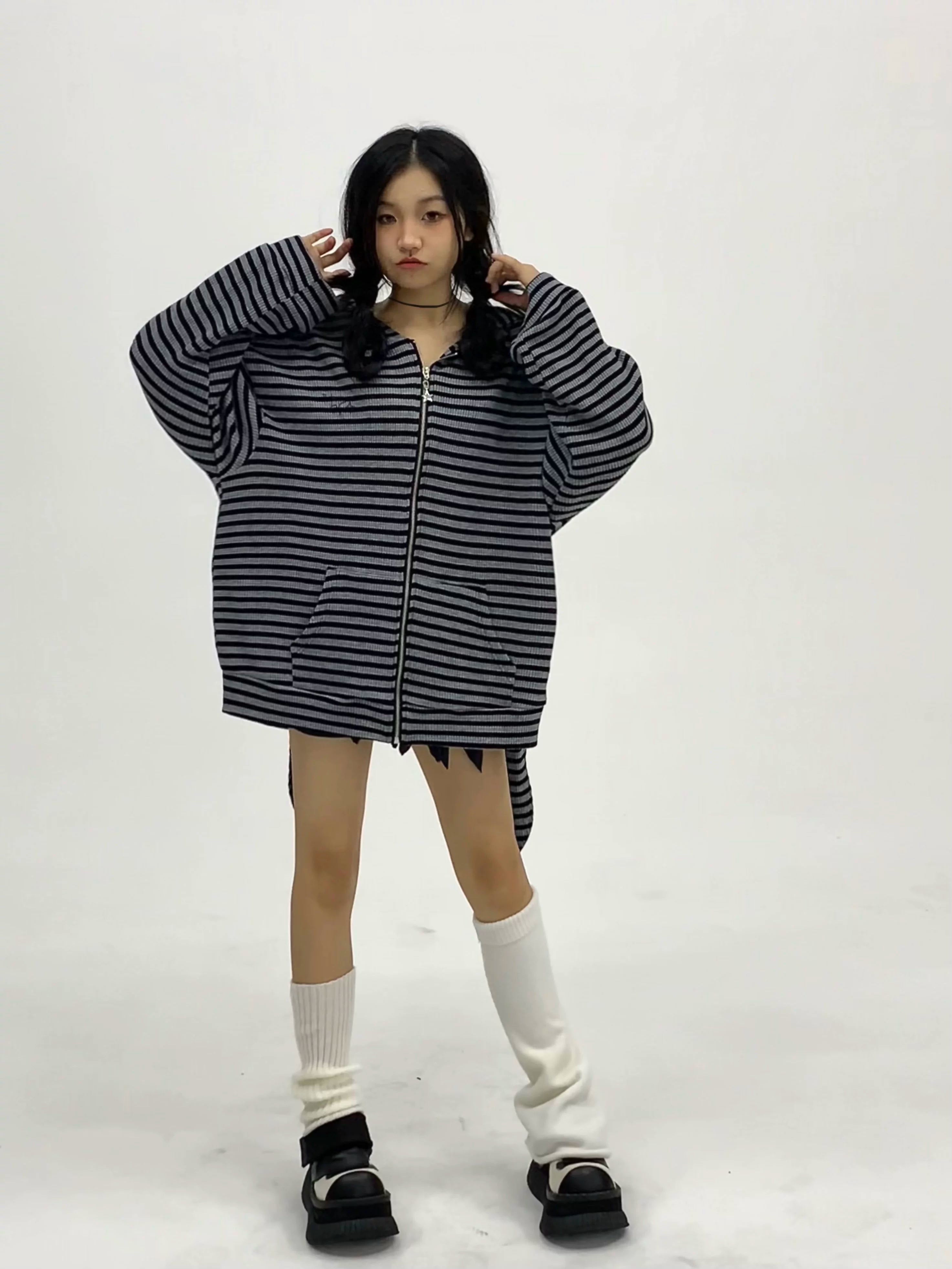 Striped Rabbit Ear Oversize Zipper Jacket & Zipper Coat