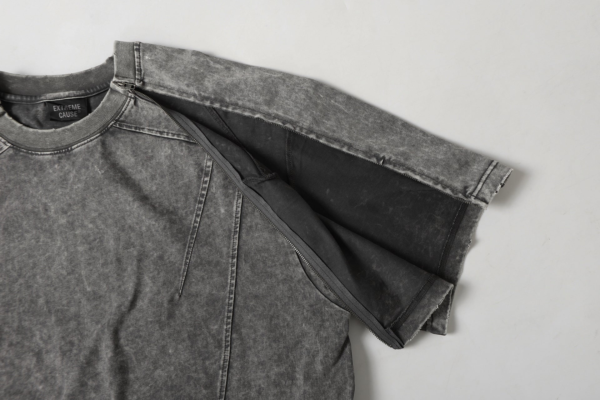 Washed Panel Design Zipper Detail Short Sleeve T-Shirt