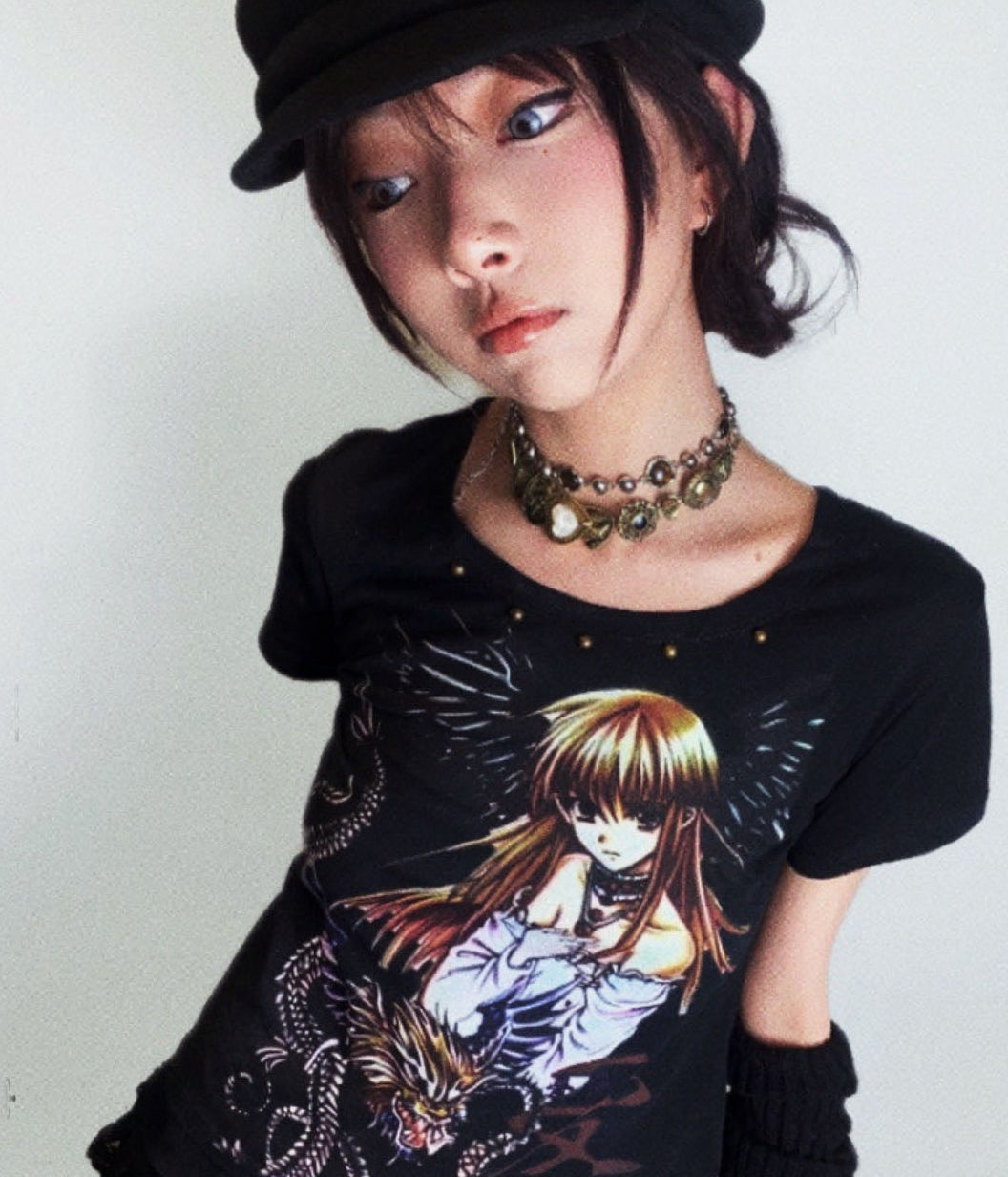 Studs Graffiti Print Short Sleeve T-Shirt