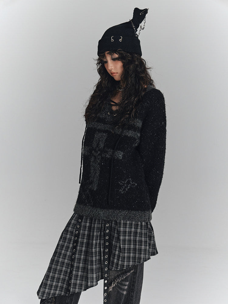 Cross Detail Drawstring Oversize V-Neck Knit Sweater